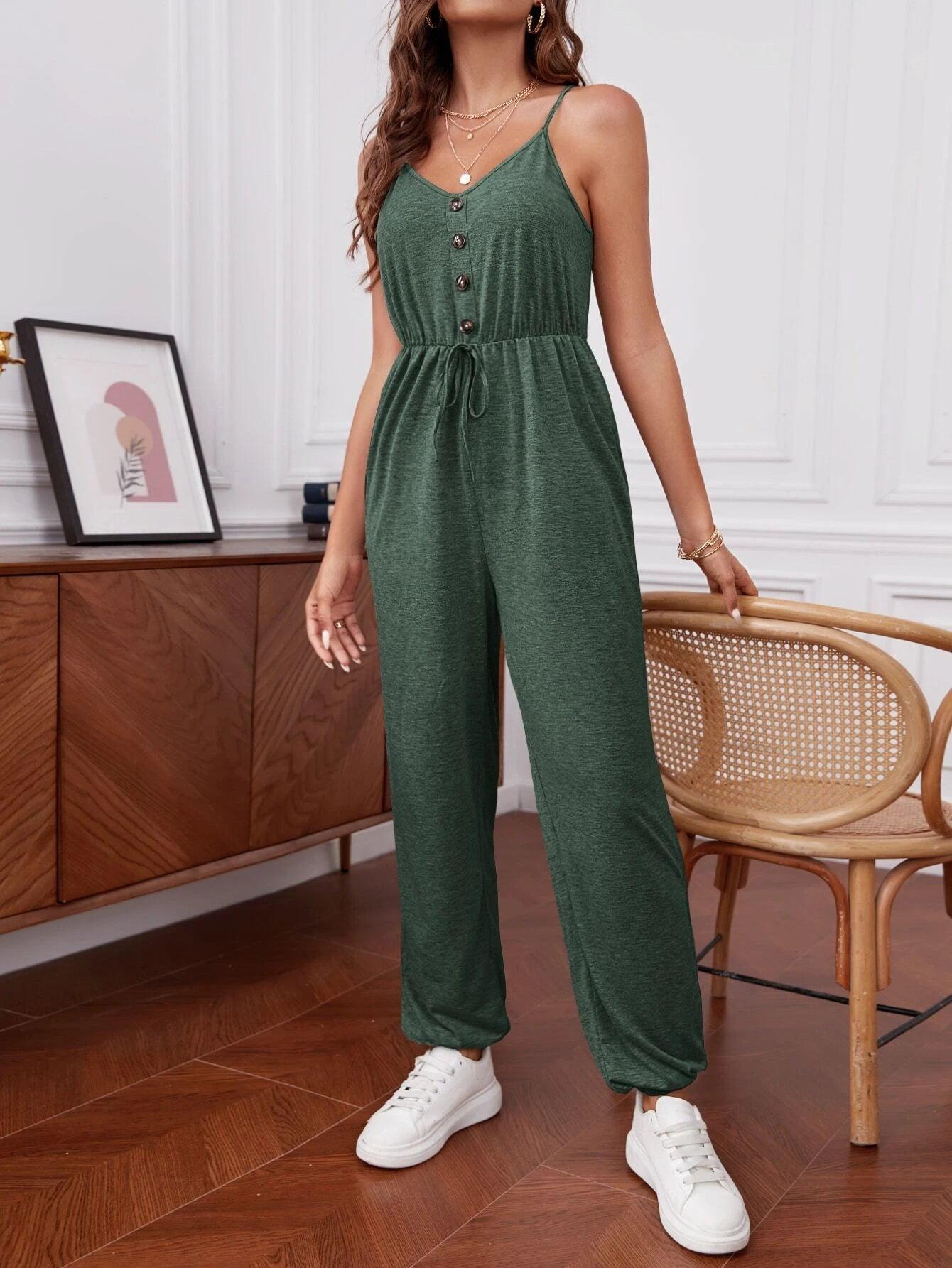 Front Button Cami Jumpsuit-Comfy Jumpsuits