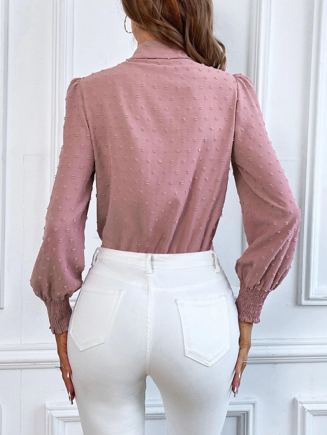 Swiss Dot Shirred Bishop Sleeve Shirt Bodysuit-Comfy Jumpsuits