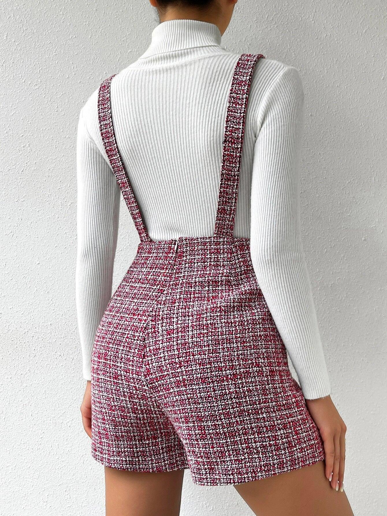 Plaid Pattern Double Pocket Tweed Romper-Comfy Jumpsuits