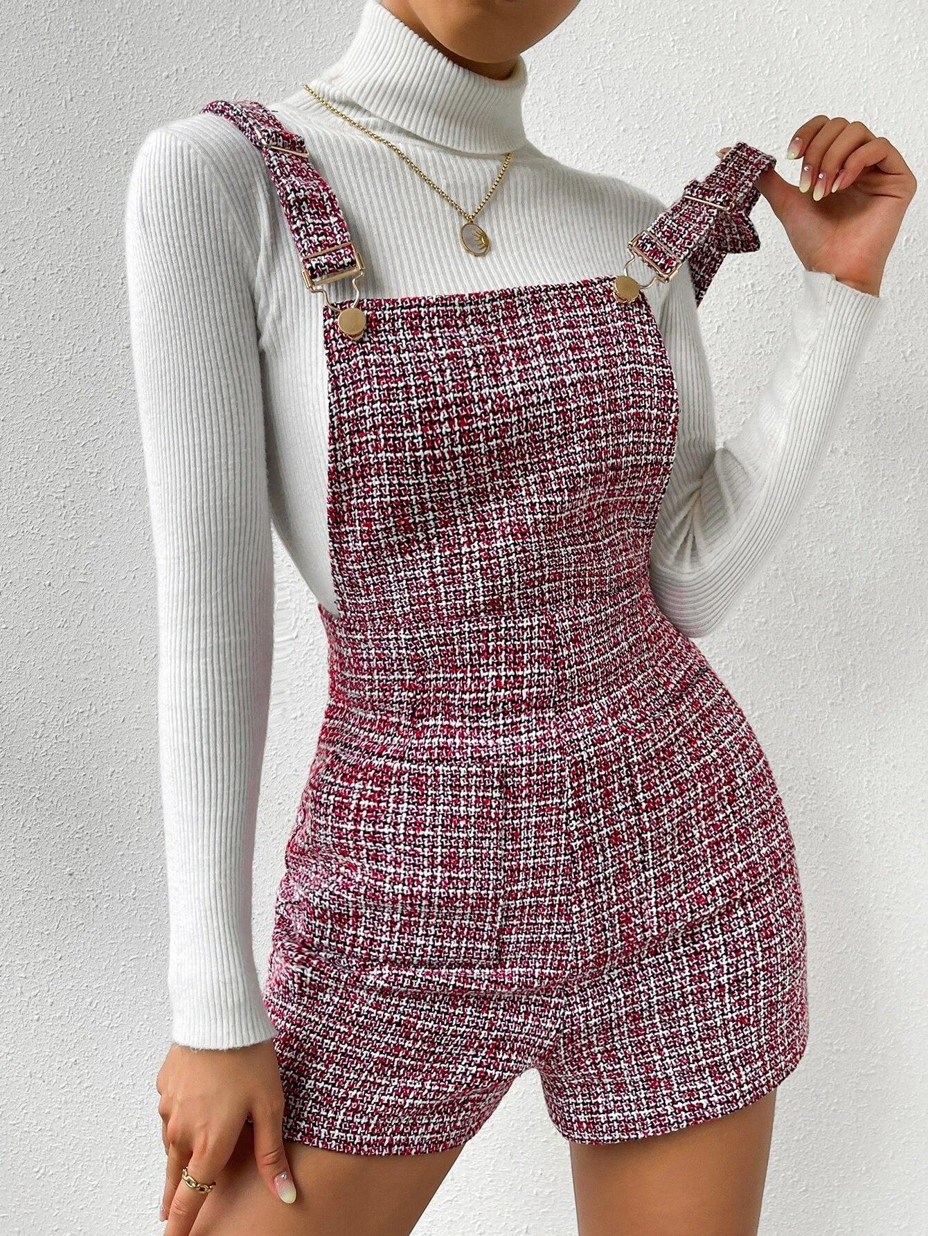 Plaid Pattern Double Pocket Tweed Romper-Comfy Jumpsuits