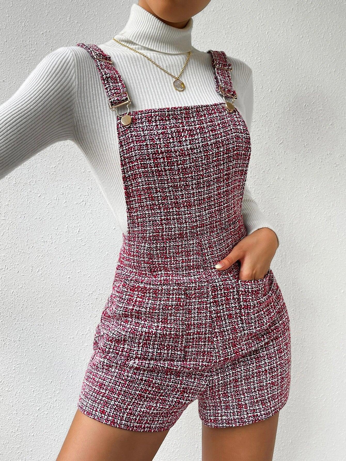 Plaid Pattern Double Pocket Tweed Romper-Comfy Jumpsuits