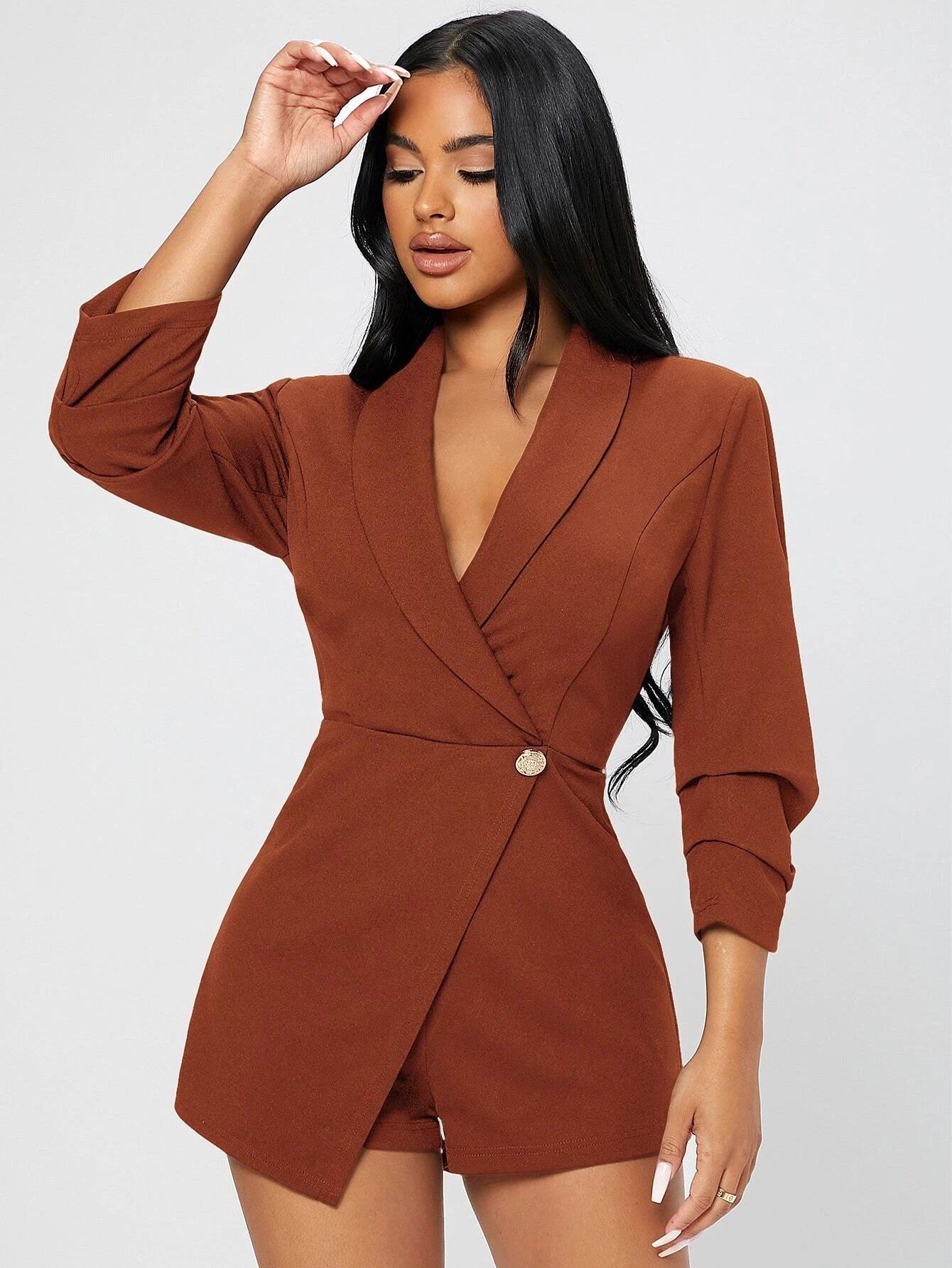 Solid Shawl Collar Wrap Romper-Comfy Jumpsuits