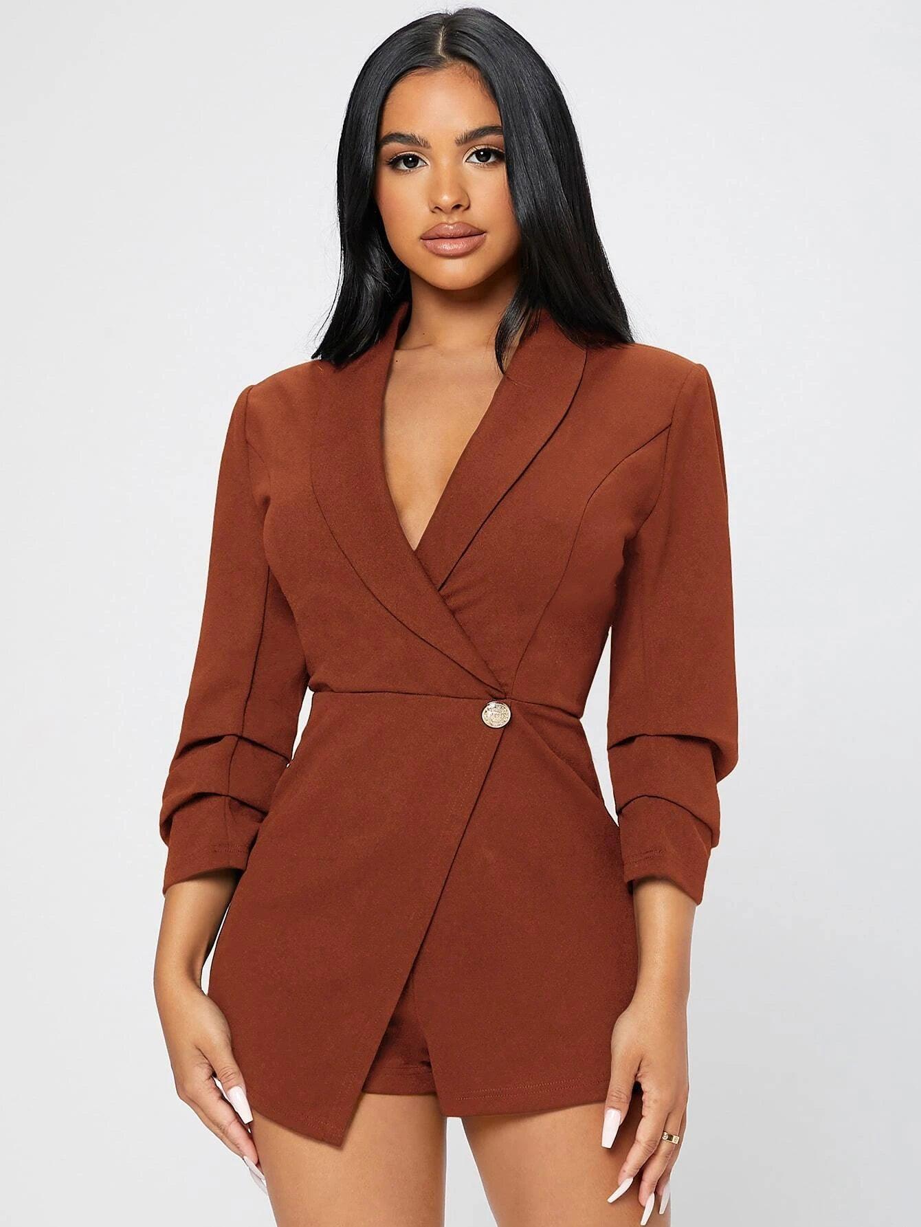 Solid Shawl Collar Wrap Romper-Comfy Jumpsuits