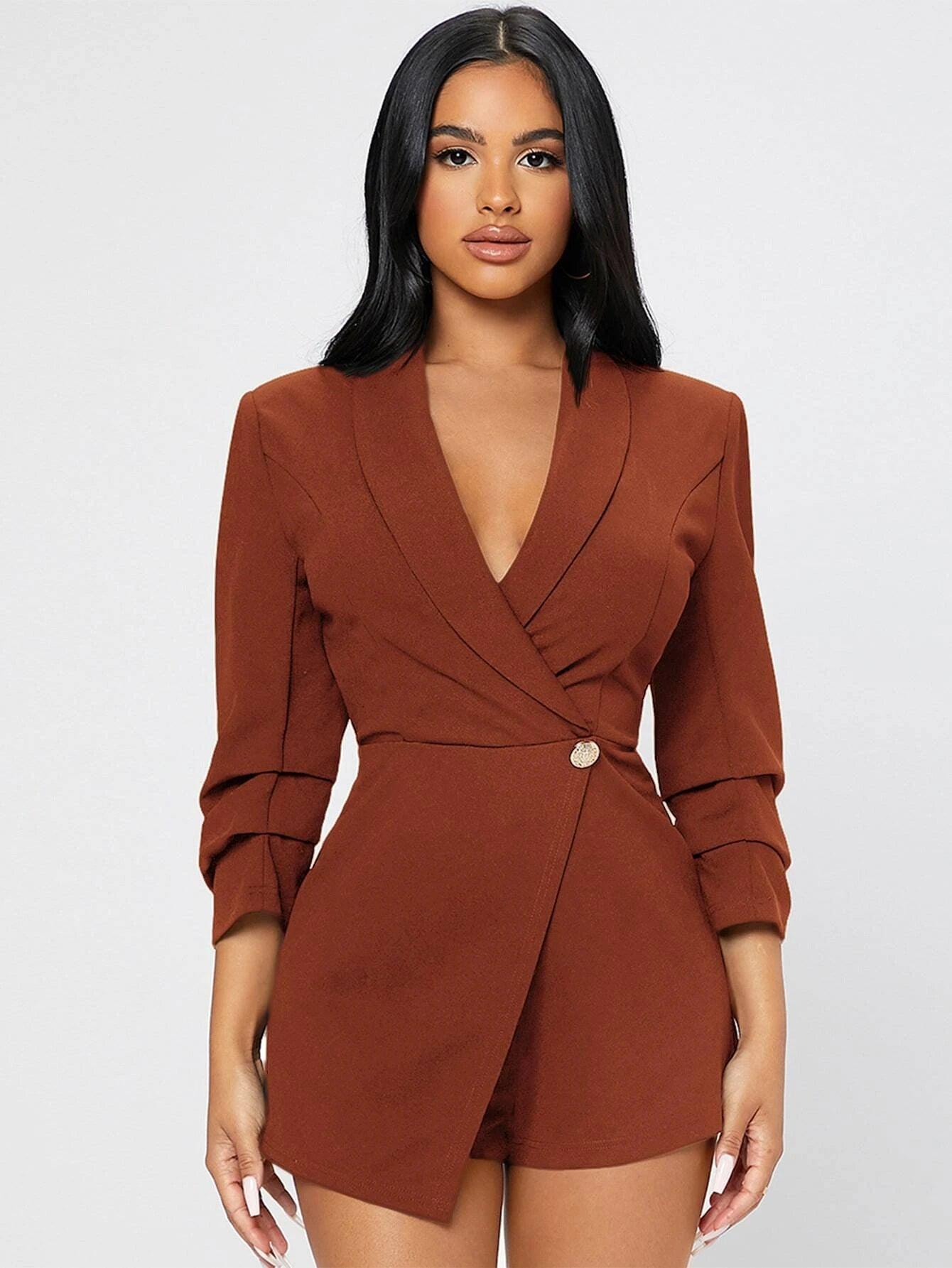 Solid Shawl Collar Wrap Romper-Comfy Jumpsuits