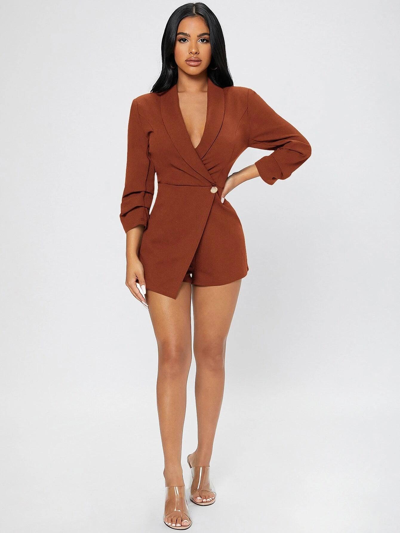 Solid Shawl Collar Wrap Romper-Comfy Jumpsuits