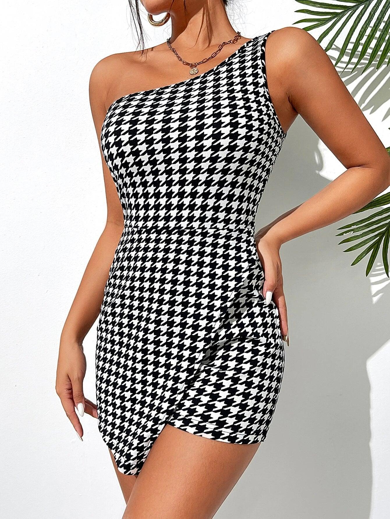 Houndstooth Print Asymmetrical Neck Romper-Comfy Jumpsuits