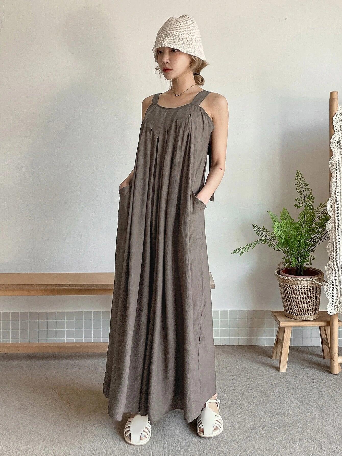 Dual Pocket Tie Back Zipper Cami Jumpsuit-Comfy Jumpsuits