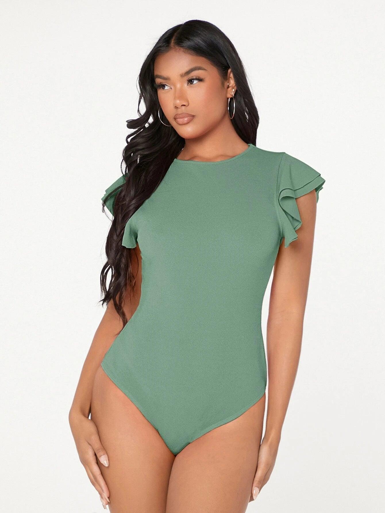 Ruffle Sleeve Solid Bodysuit-Comfy Jumpsuits