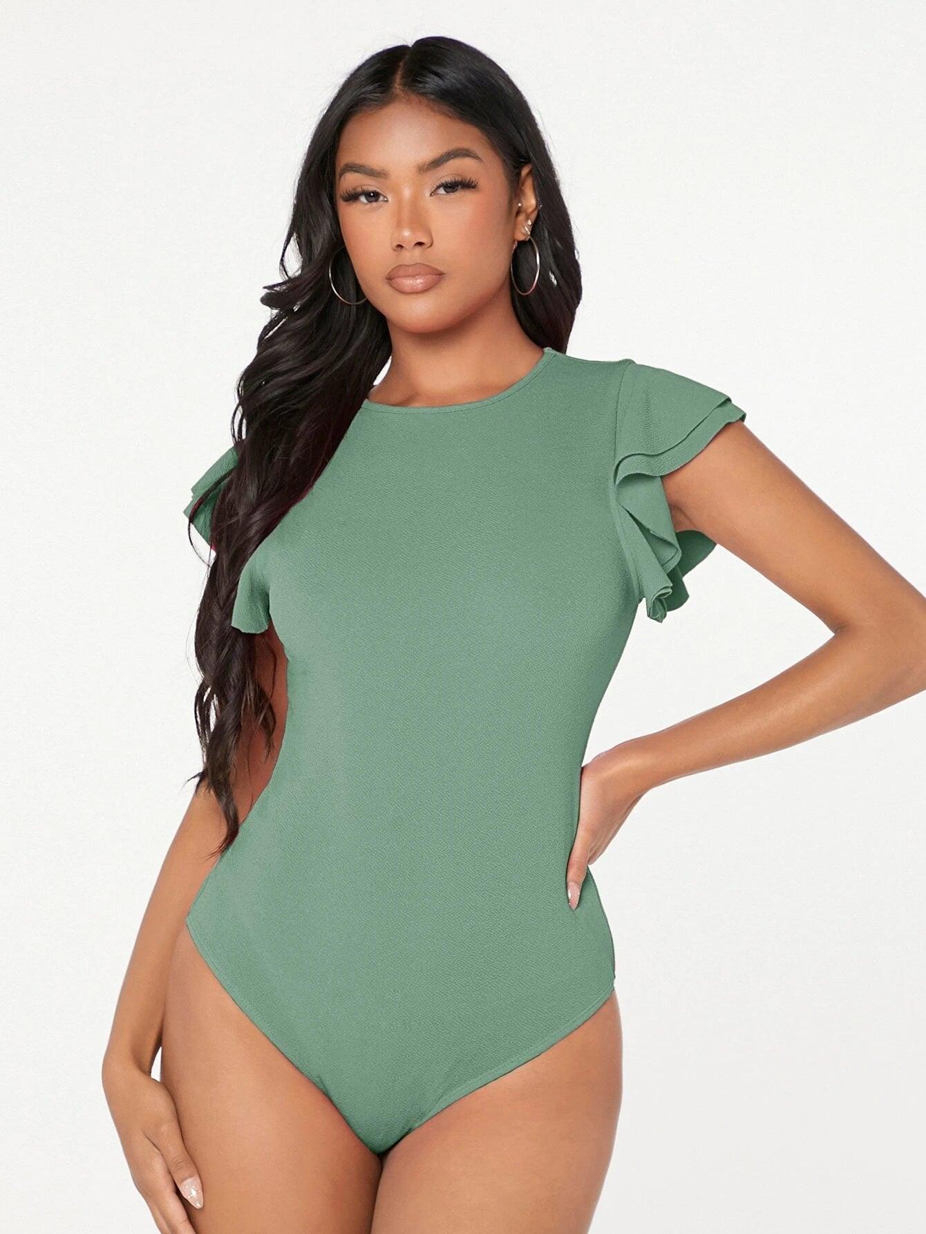 Ruffle Sleeve Solid Bodysuit-Comfy Jumpsuits
