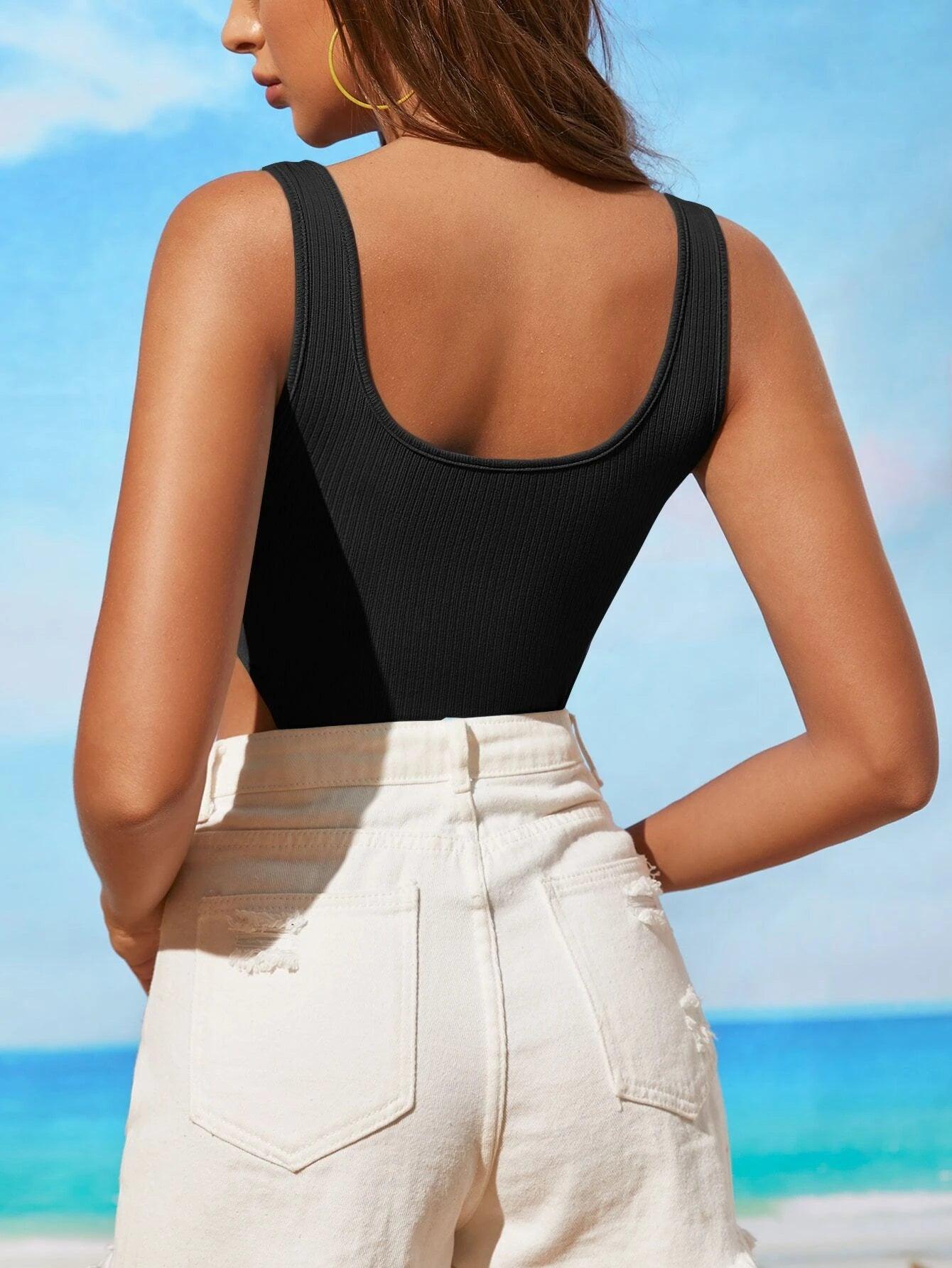 Ribbed Knit High Cut Tank Bodysuit-Comfy Jumpsuits