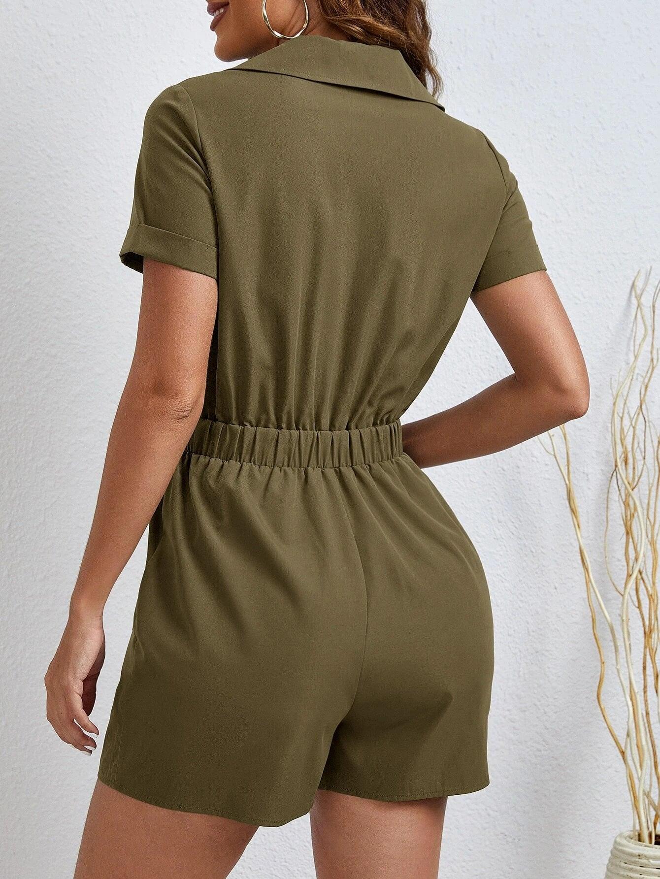 Patched Pocket Roll Up Sleeve Shirt Romper-Comfy Jumpsuits