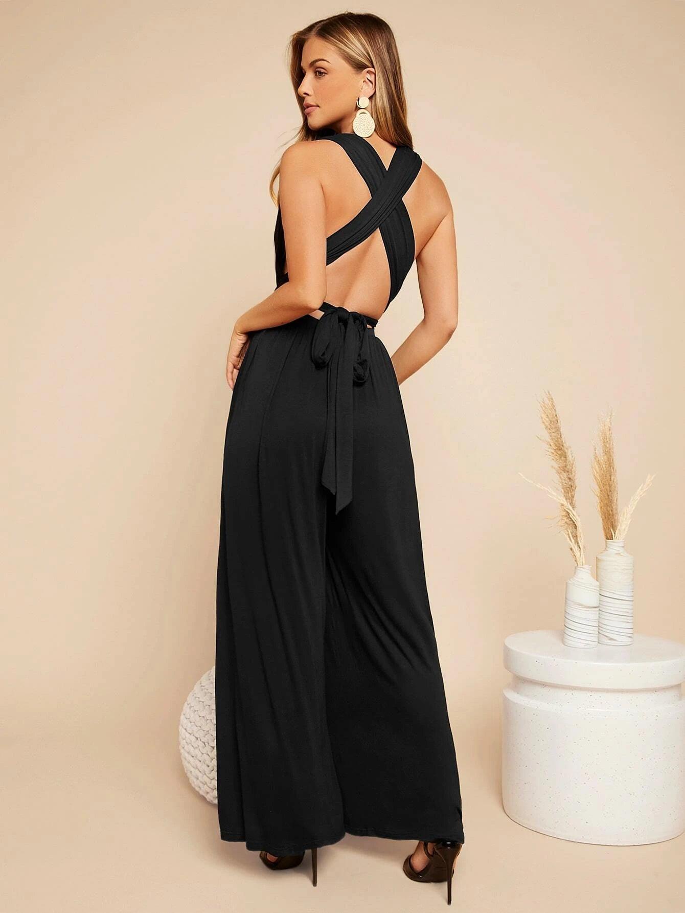 Crisscross Tie Backless Plunging Neckline Jumpsuit-Comfy Jumpsuits