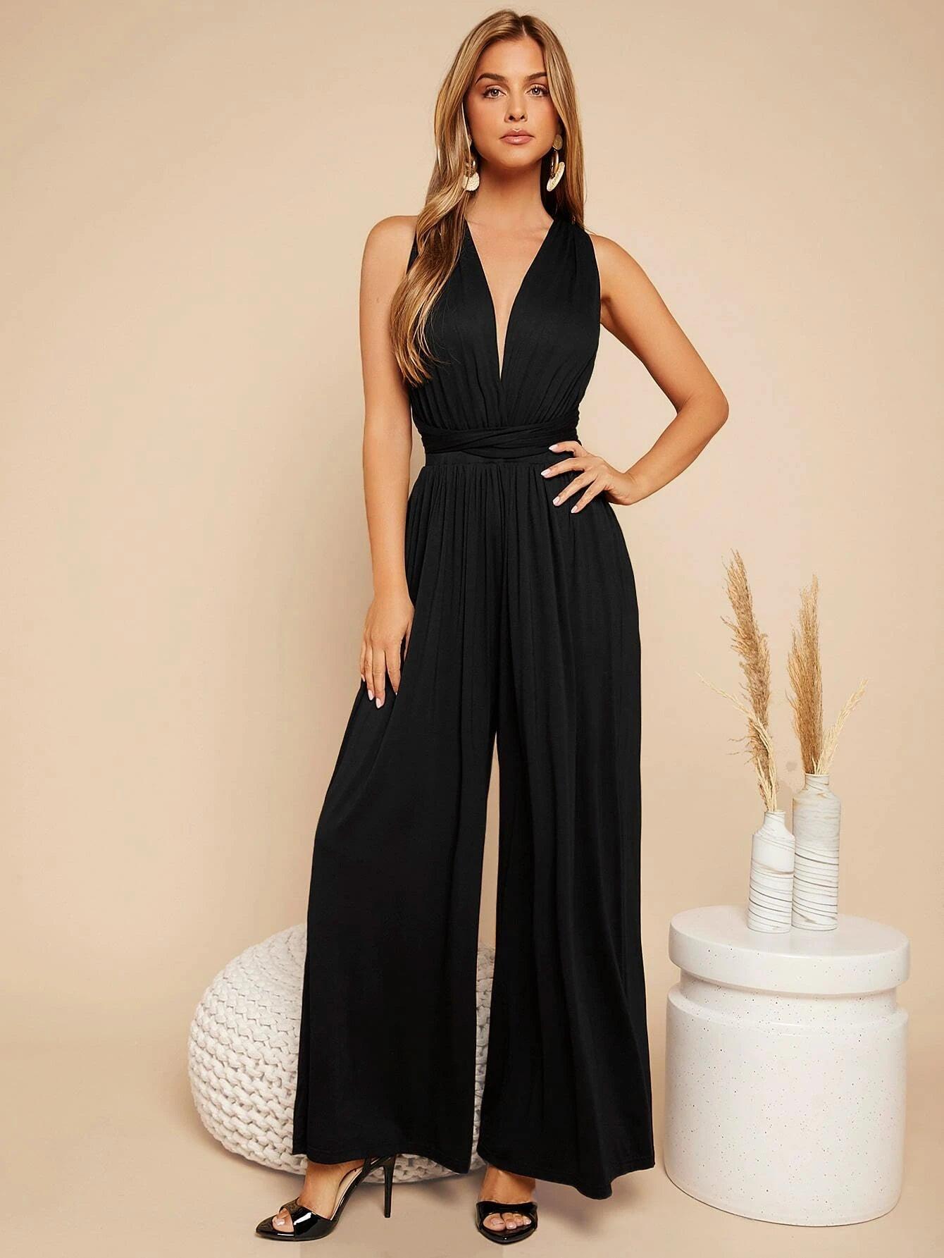 Crisscross Tie Backless Plunging Neckline Jumpsuit-Comfy Jumpsuits
