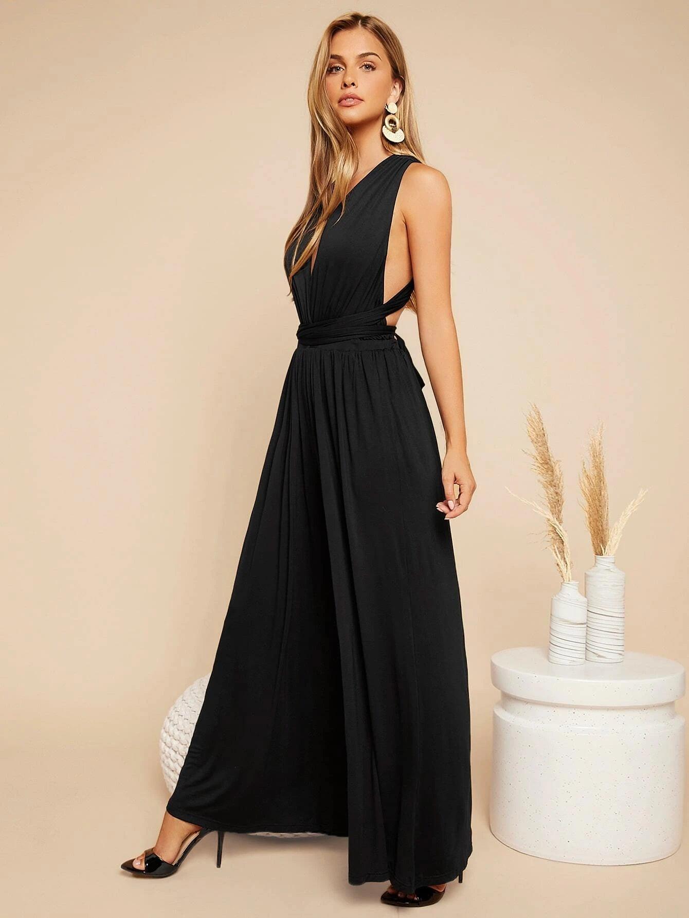 Crisscross Tie Backless Plunging Neckline Jumpsuit-Comfy Jumpsuits
