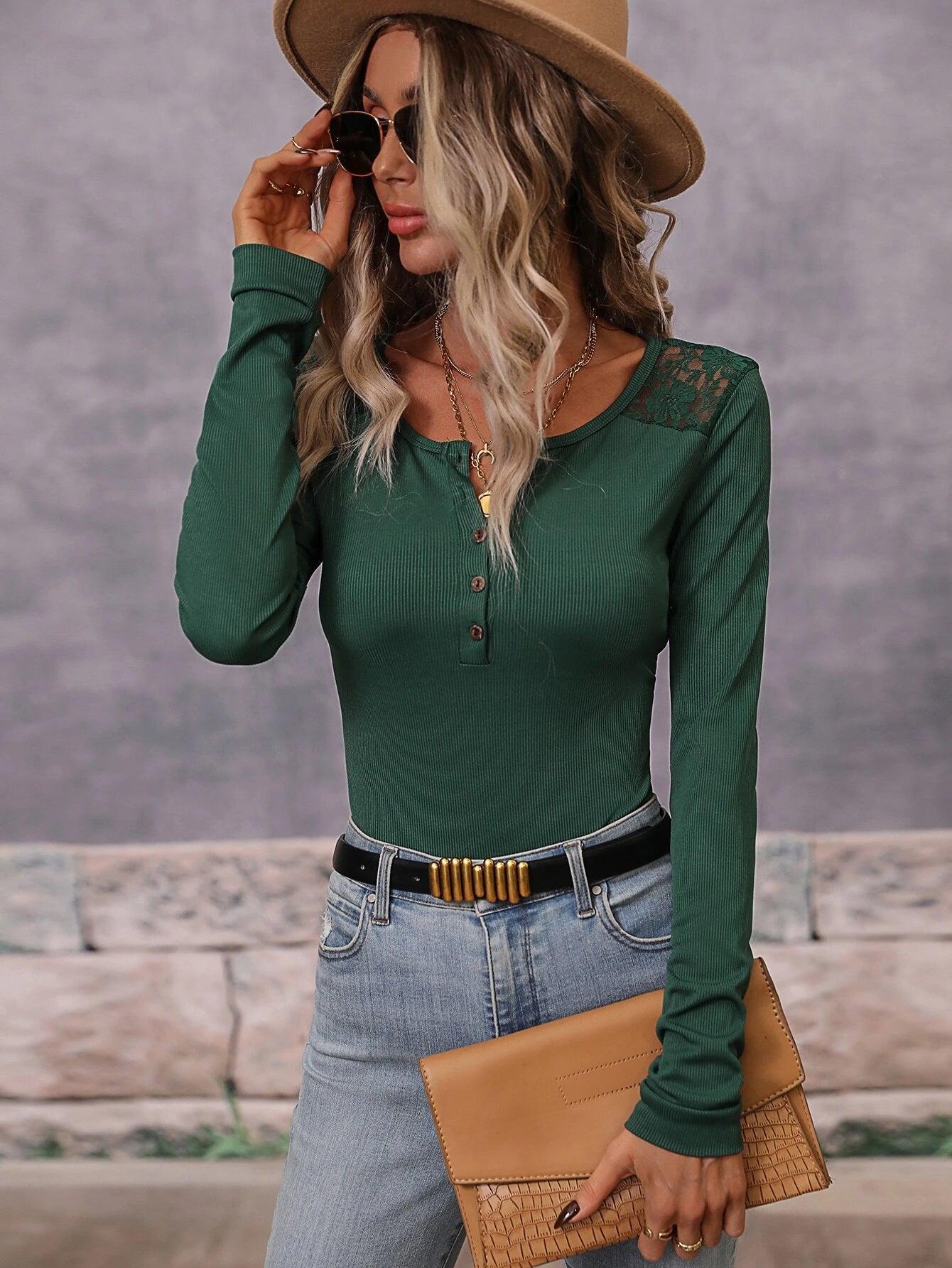 Contrast Lace Bodysuit-Comfy Jumpsuits