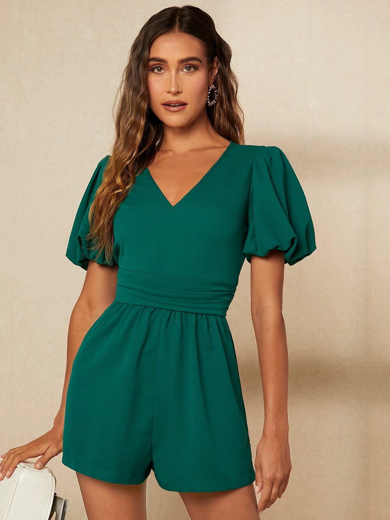 Puff Sleeve Zip Back Ruched Side Romper-Comfy Jumpsuits