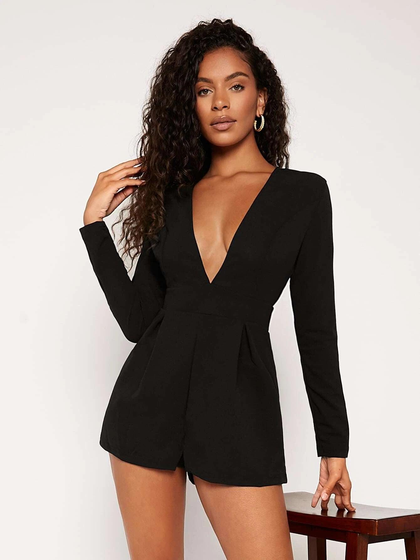 Deep V Neck Fold Pleated Romper-Comfy Jumpsuits
