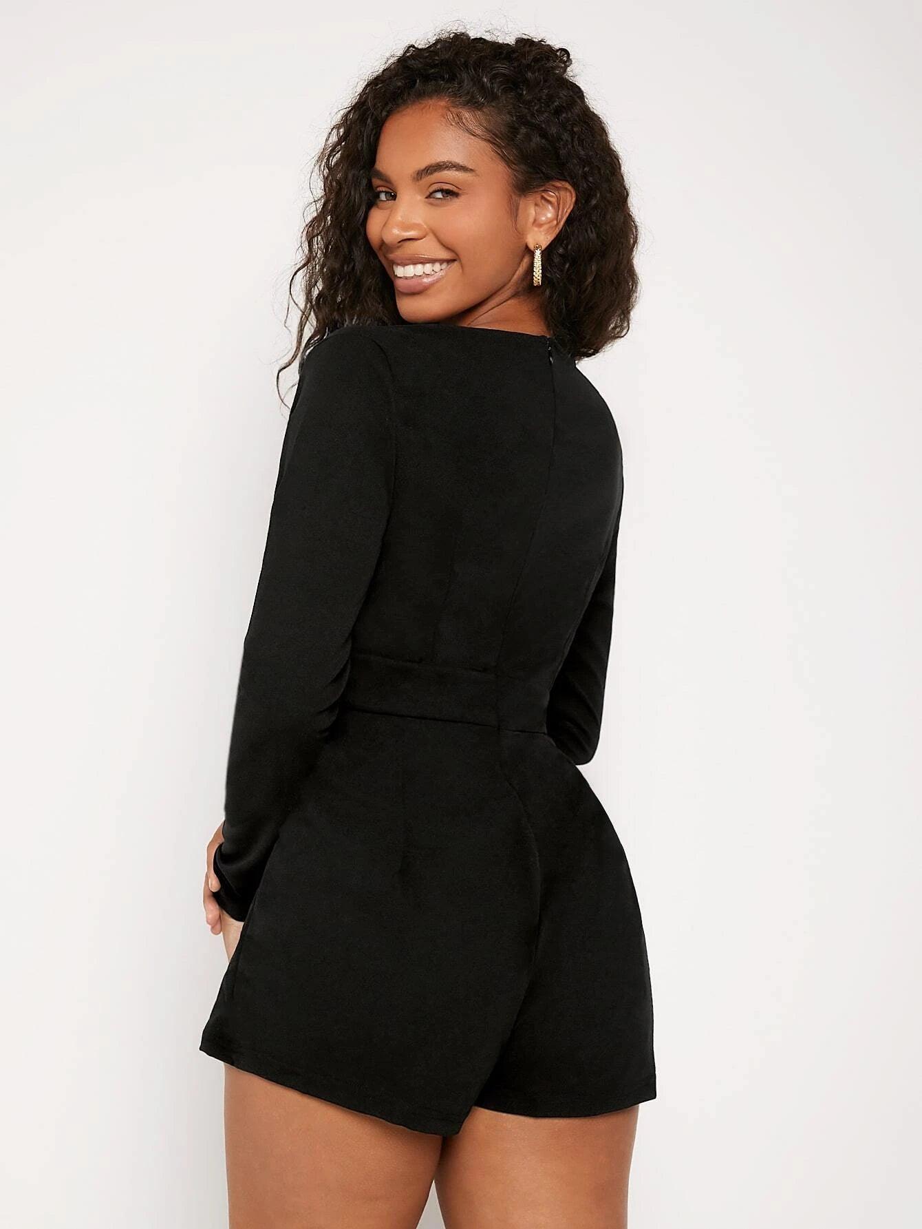 Deep V Neck Fold Pleated Romper-Comfy Jumpsuits