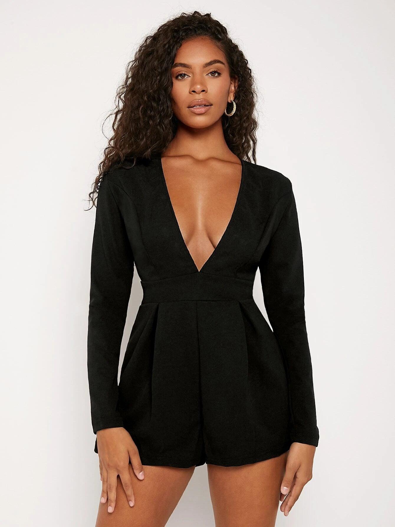Deep V Neck Fold Pleated Romper-Comfy Jumpsuits