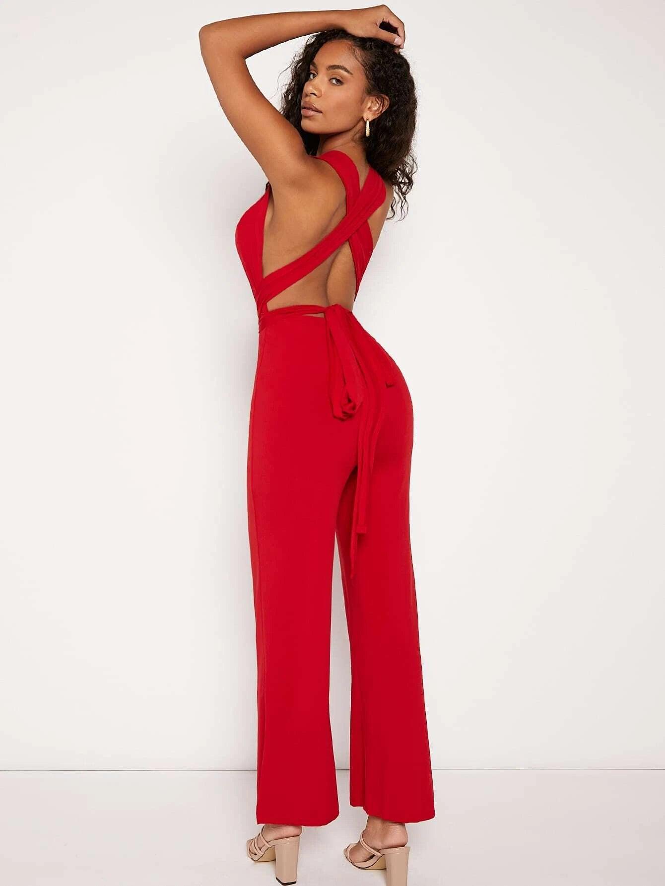 Neck Tie Backless Jumpsuit-Comfy Jumpsuits