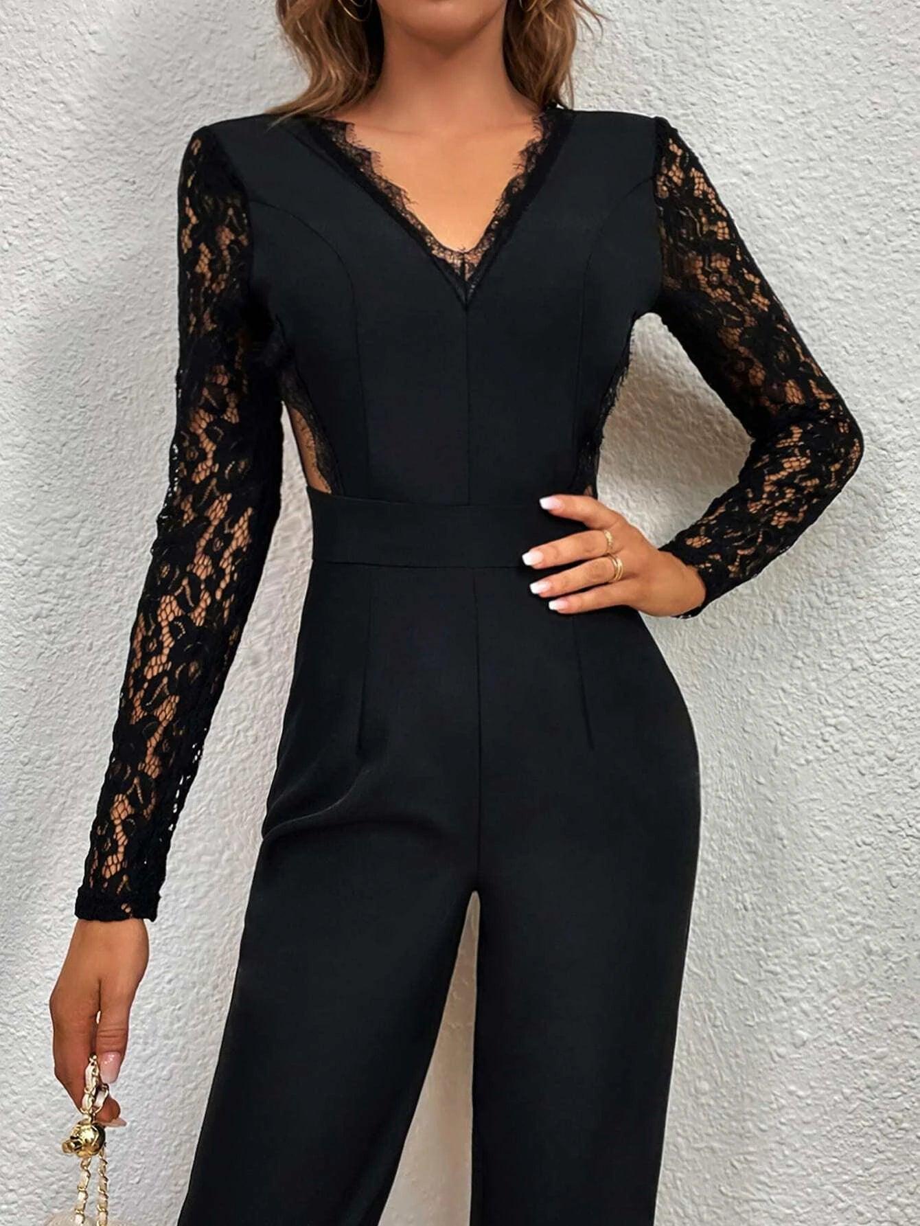 Elegant V neck  Lace & Mesh Panel Jumpsuit-Comfy Jumpsuits