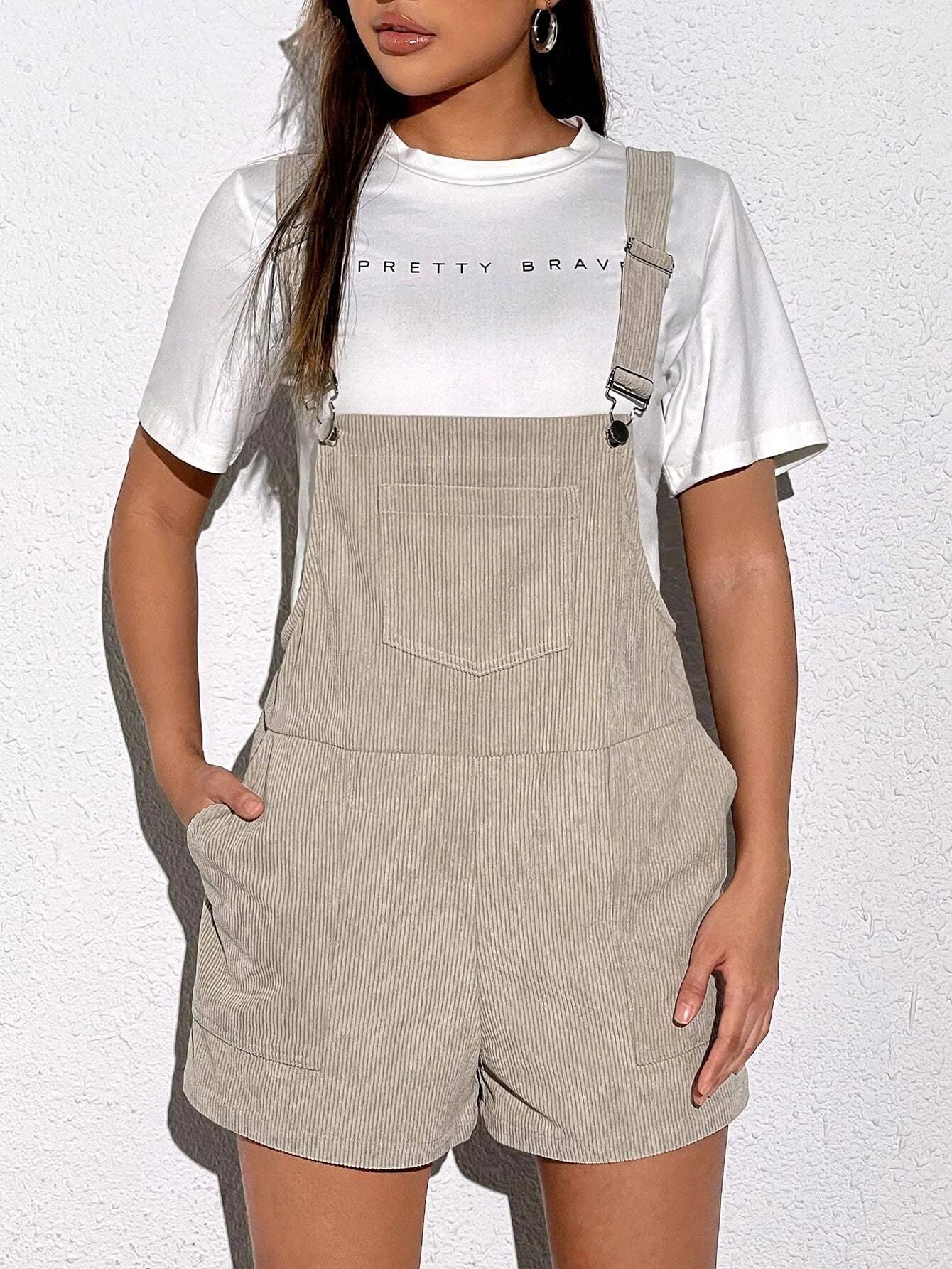 Patched Pocket Corduroy Overall Romper-Comfy Jumpsuits