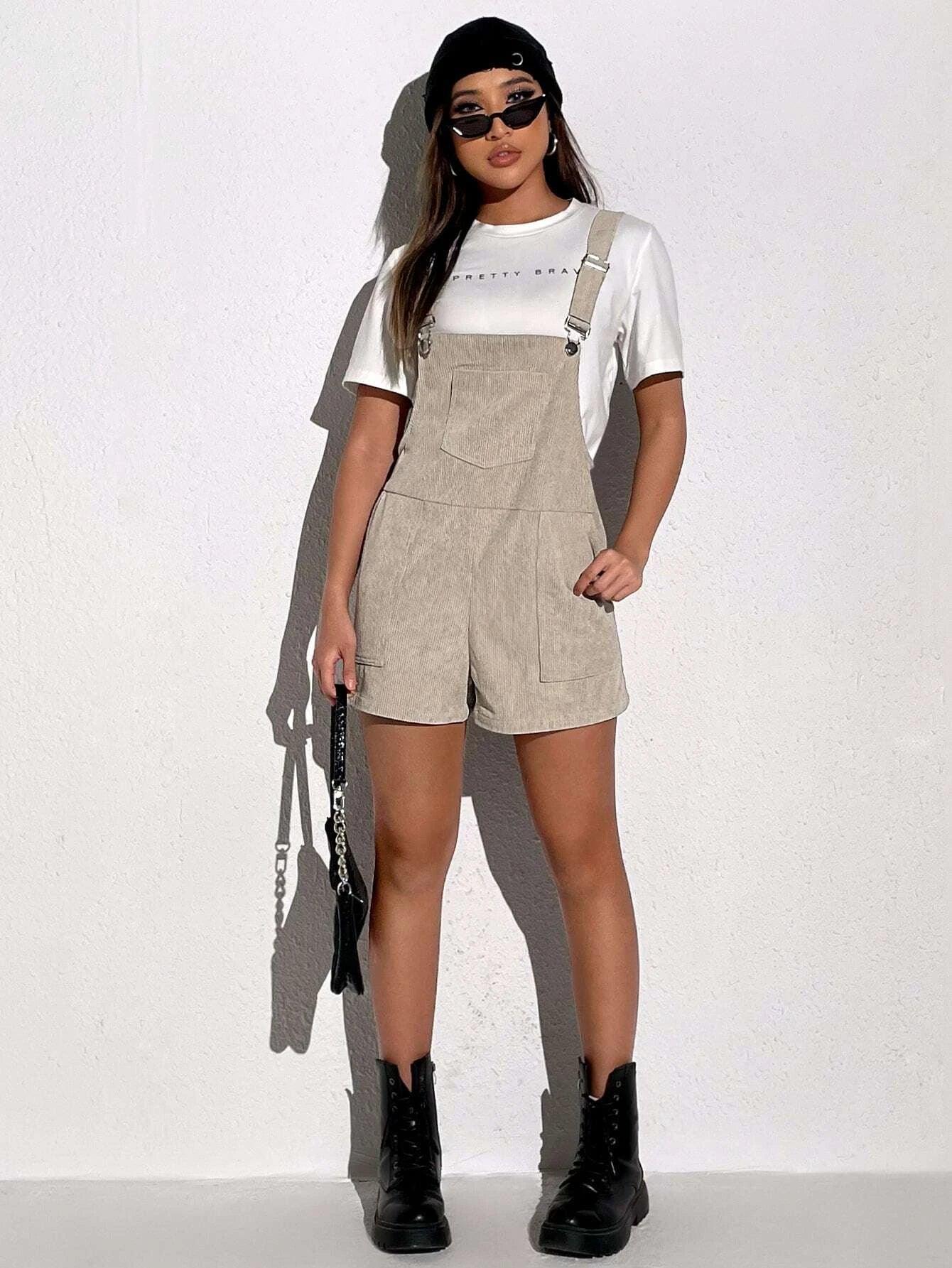 Patched Pocket Corduroy Overall Romper-Comfy Jumpsuits