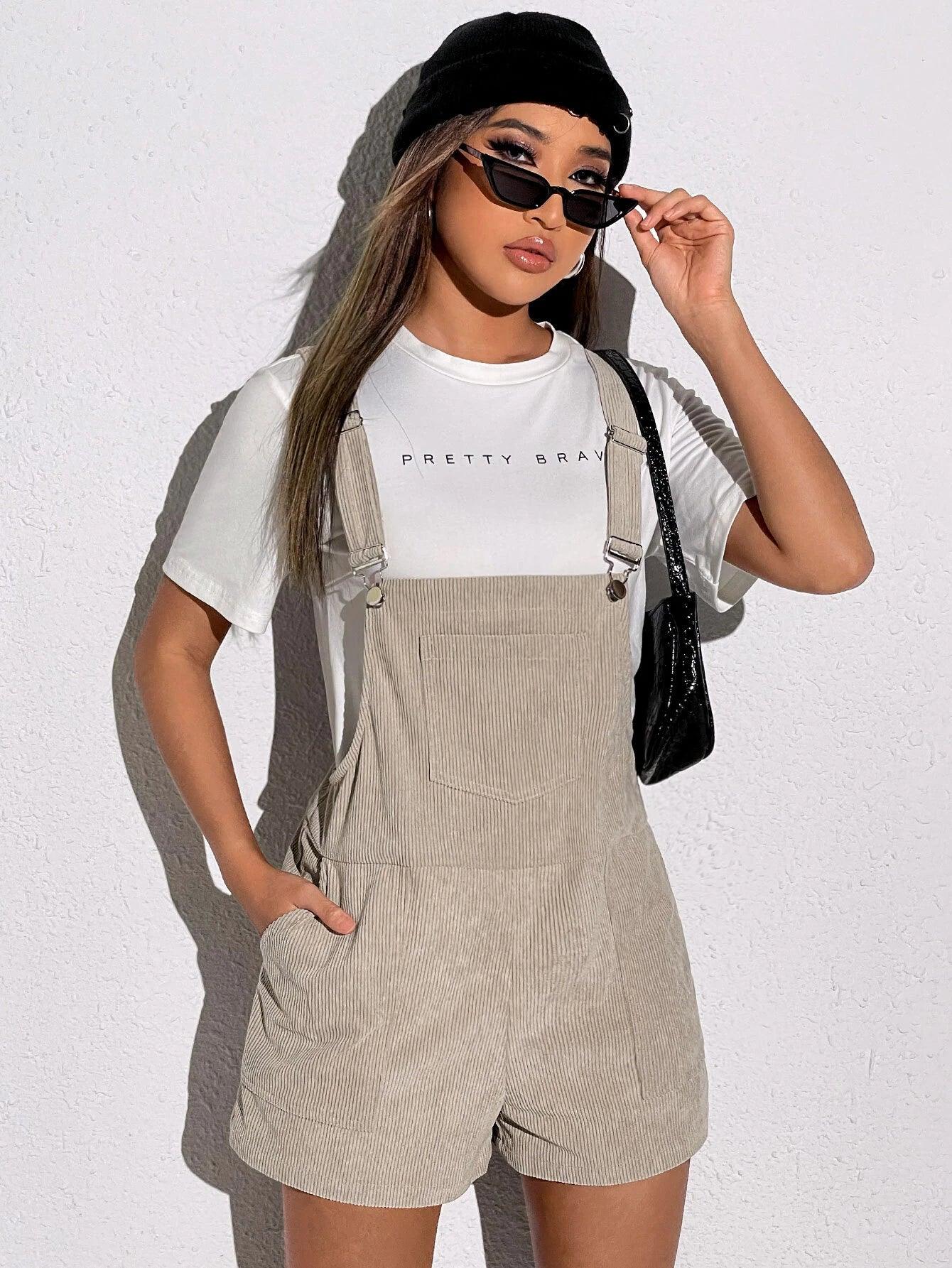 Patched Pocket Corduroy Overall Romper-Comfy Jumpsuits