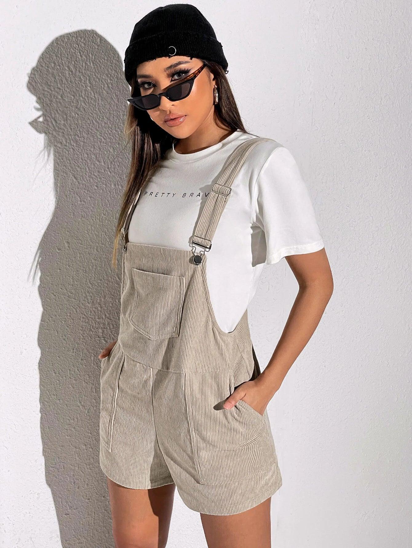 Patched Pocket Corduroy Overall Romper-Comfy Jumpsuits