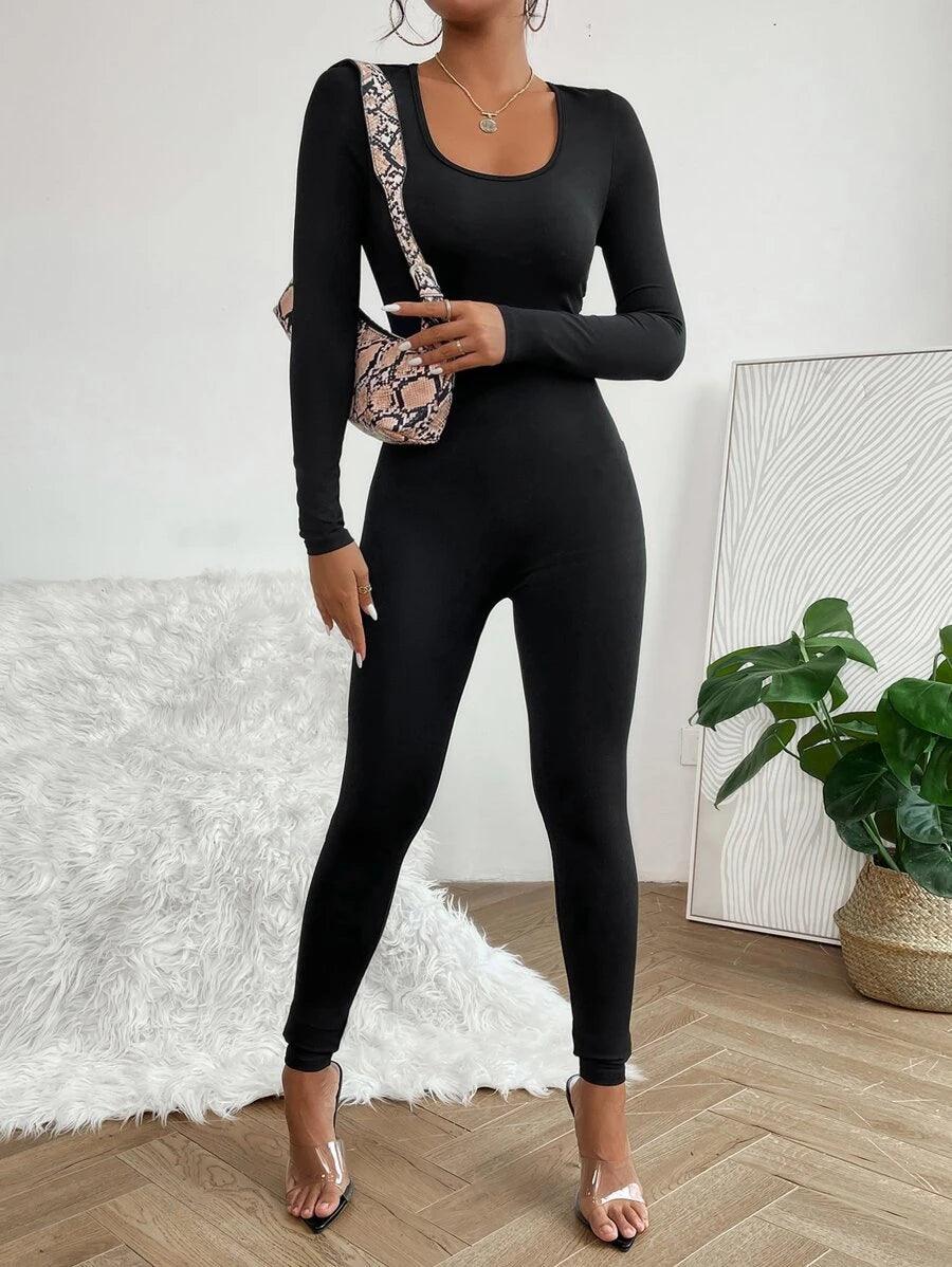 Solid Colored Scoop Neck Unitard Jumpsuit-Comfy Jumpsuits