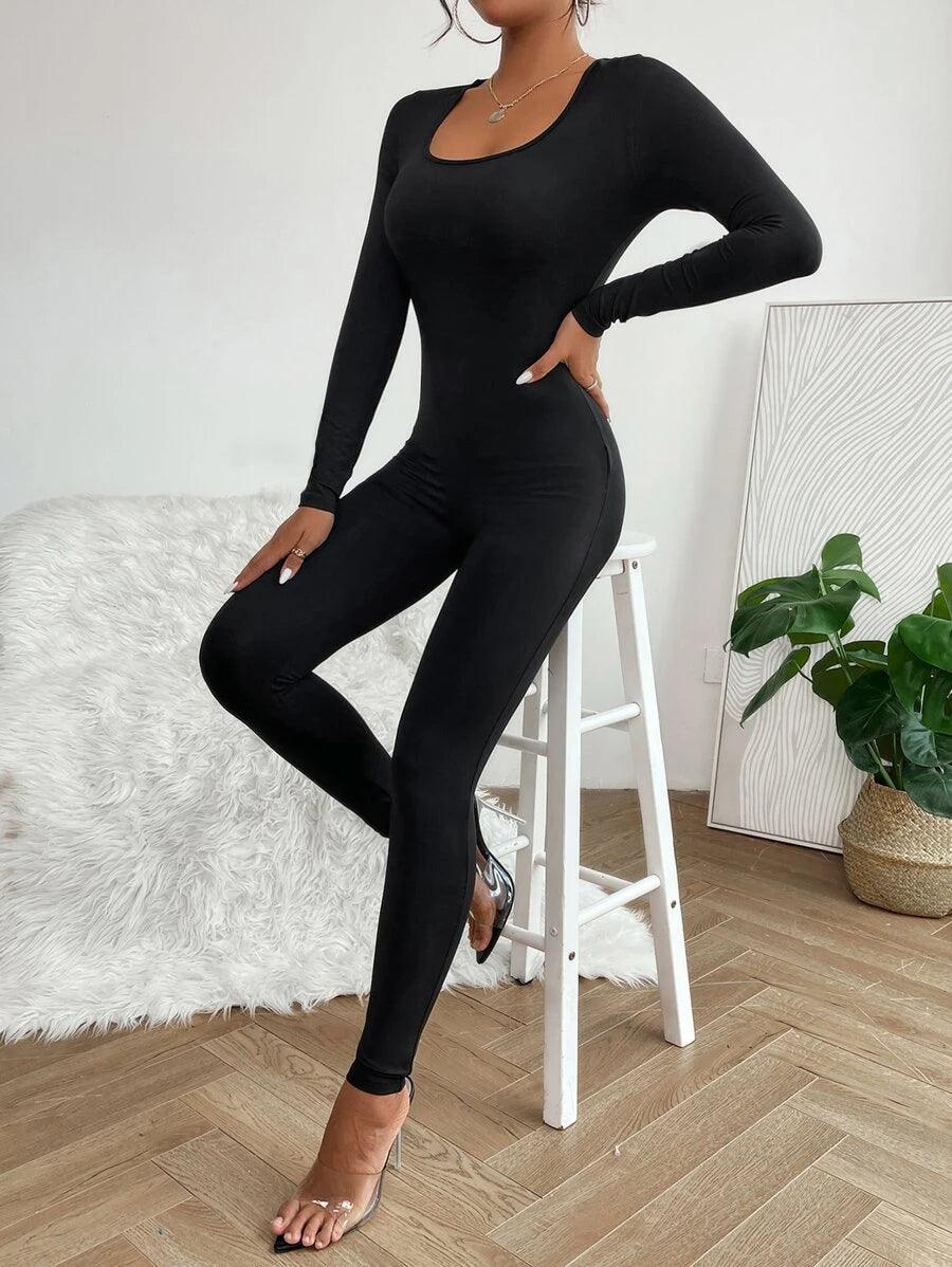 Solid Colored Scoop Neck Unitard Jumpsuit-Comfy Jumpsuits
