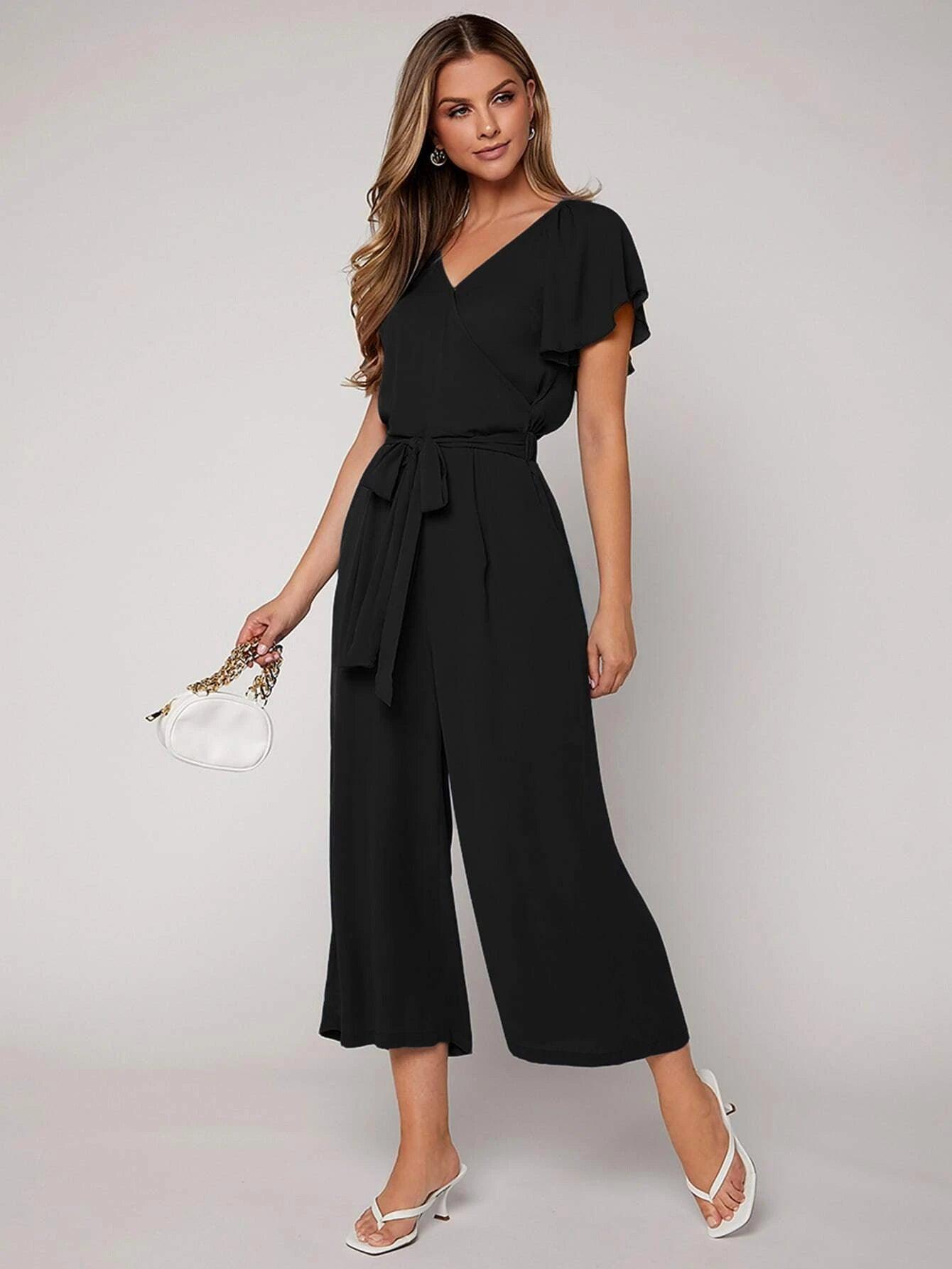Butterfly Sleeve Belted Jumpsuit-Comfy Jumpsuits