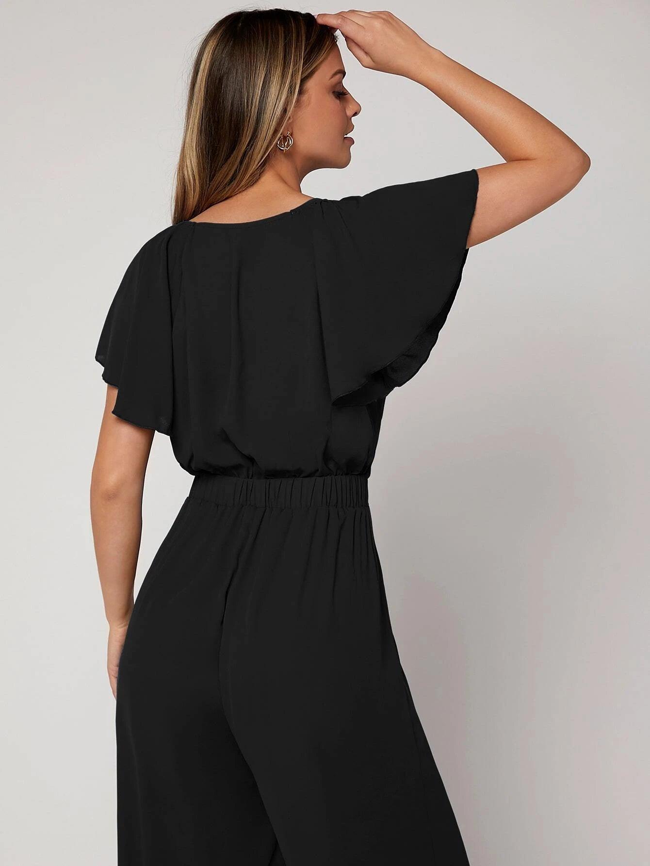 Butterfly Sleeve Belted Jumpsuit-Comfy Jumpsuits