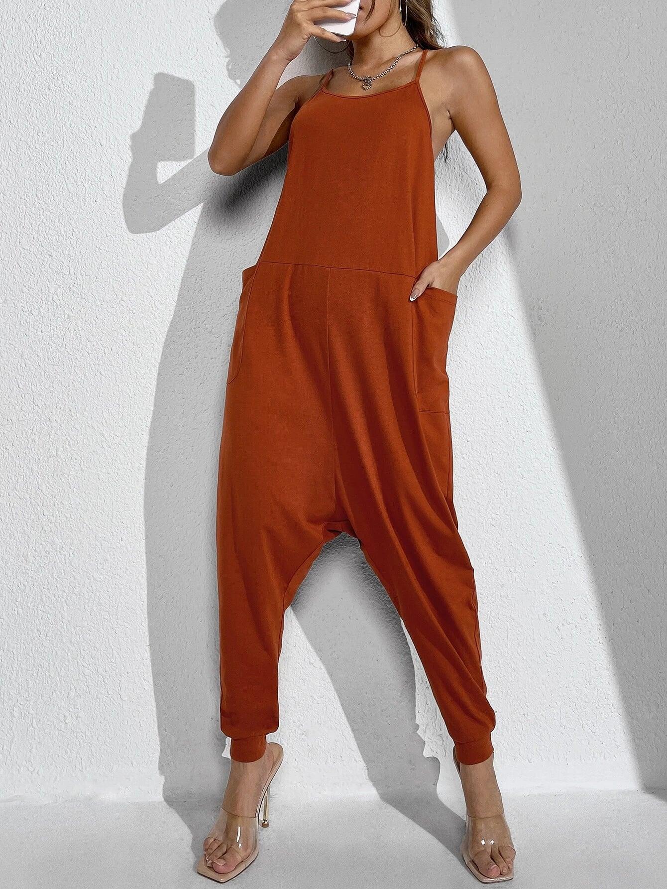 Patch Pocket Drop Crotch Hem Slip Jumpsuit-Comfy Jumpsuits