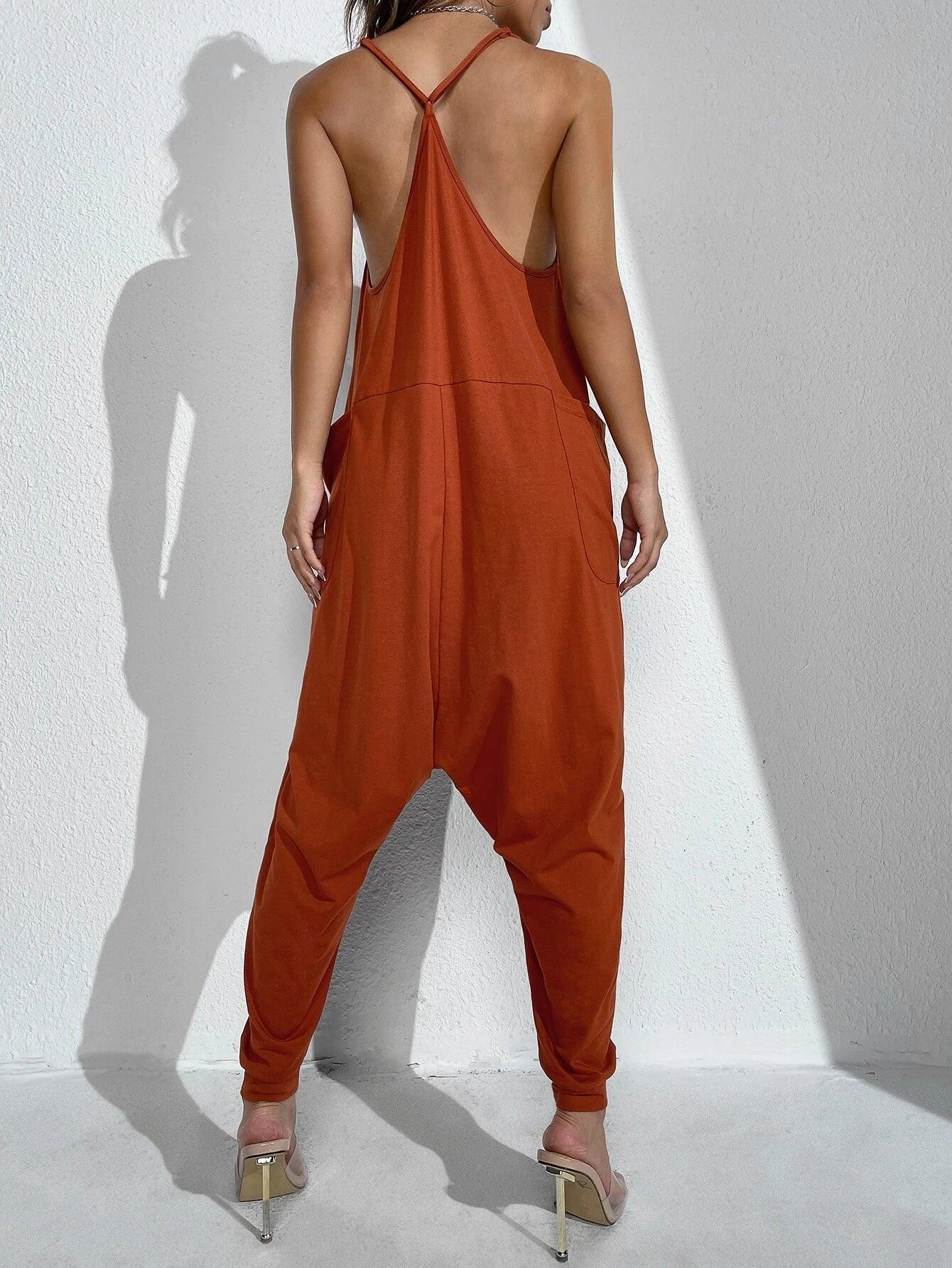 Patch Pocket Drop Crotch Hem Slip Jumpsuit-Comfy Jumpsuits