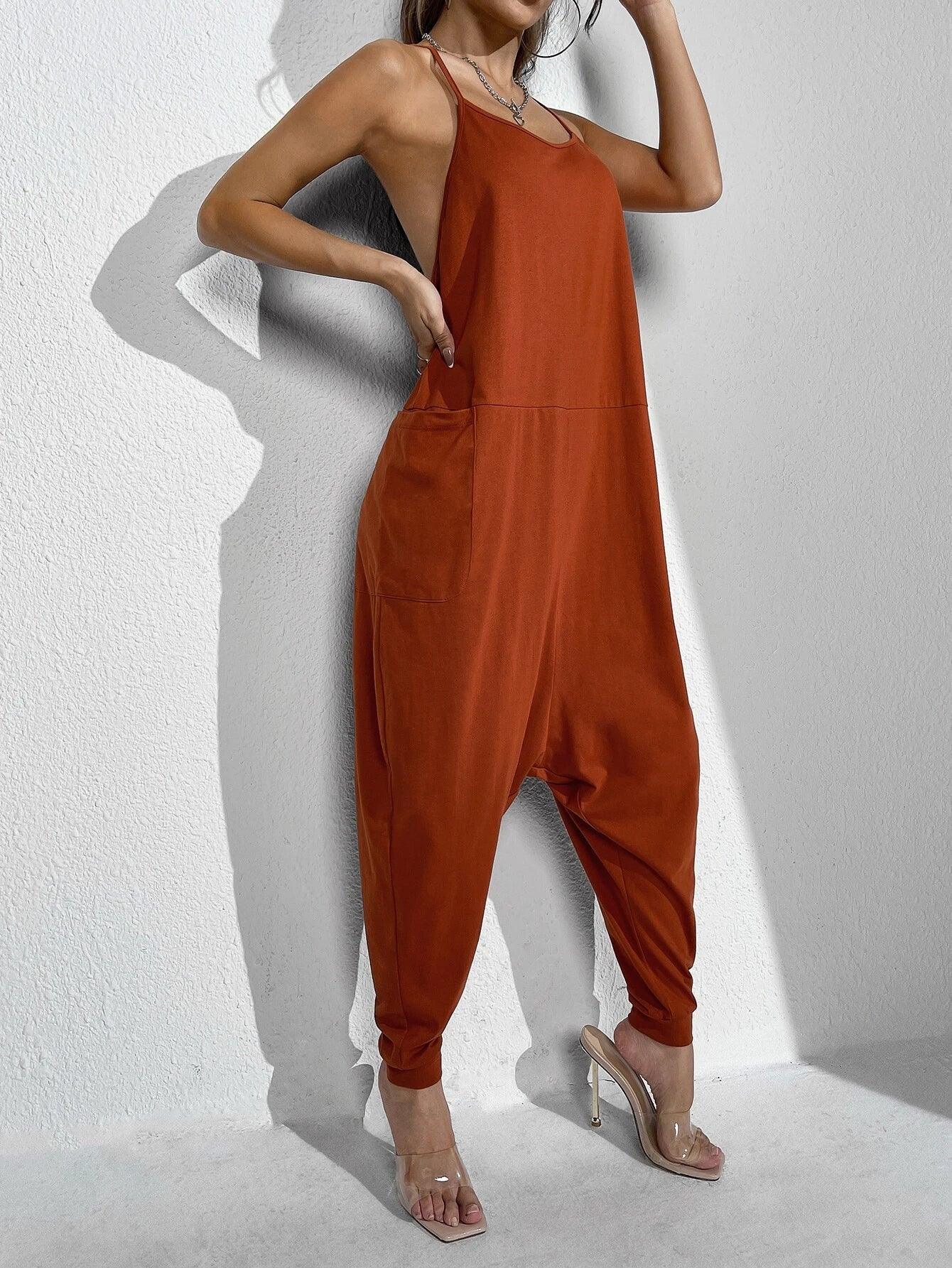 Patch Pocket Drop Crotch Hem Slip Jumpsuit-Comfy Jumpsuits