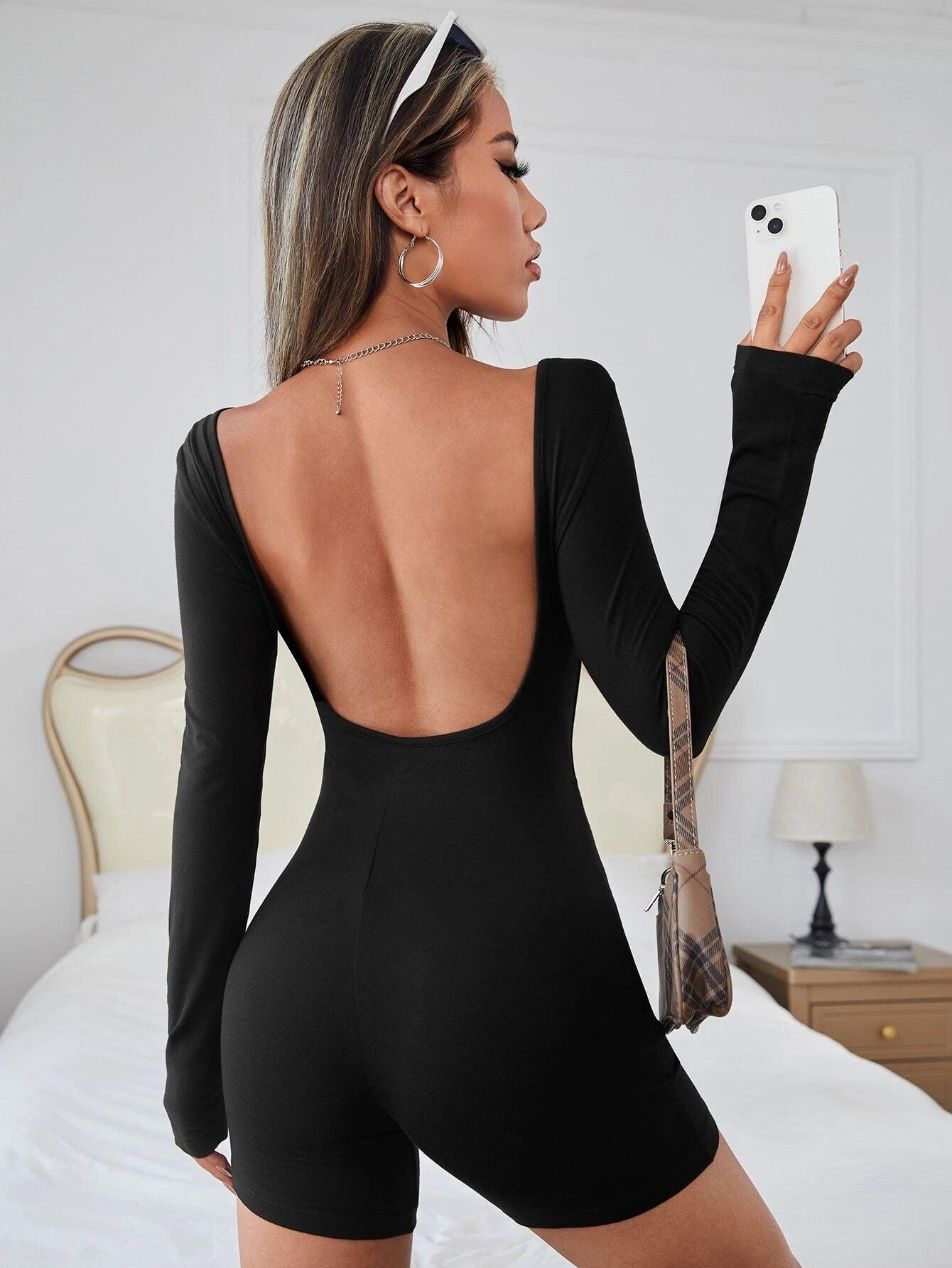 Plain Long Sleeve Unitard Romper-Comfy Jumpsuits