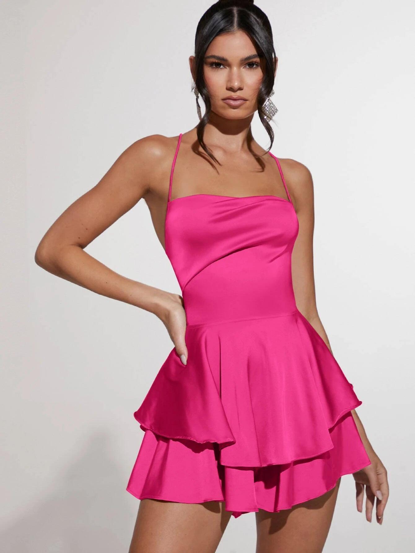 Cowl Neck Lace Up Backless Layered Satin Skort Romper-Comfy Jumpsuits