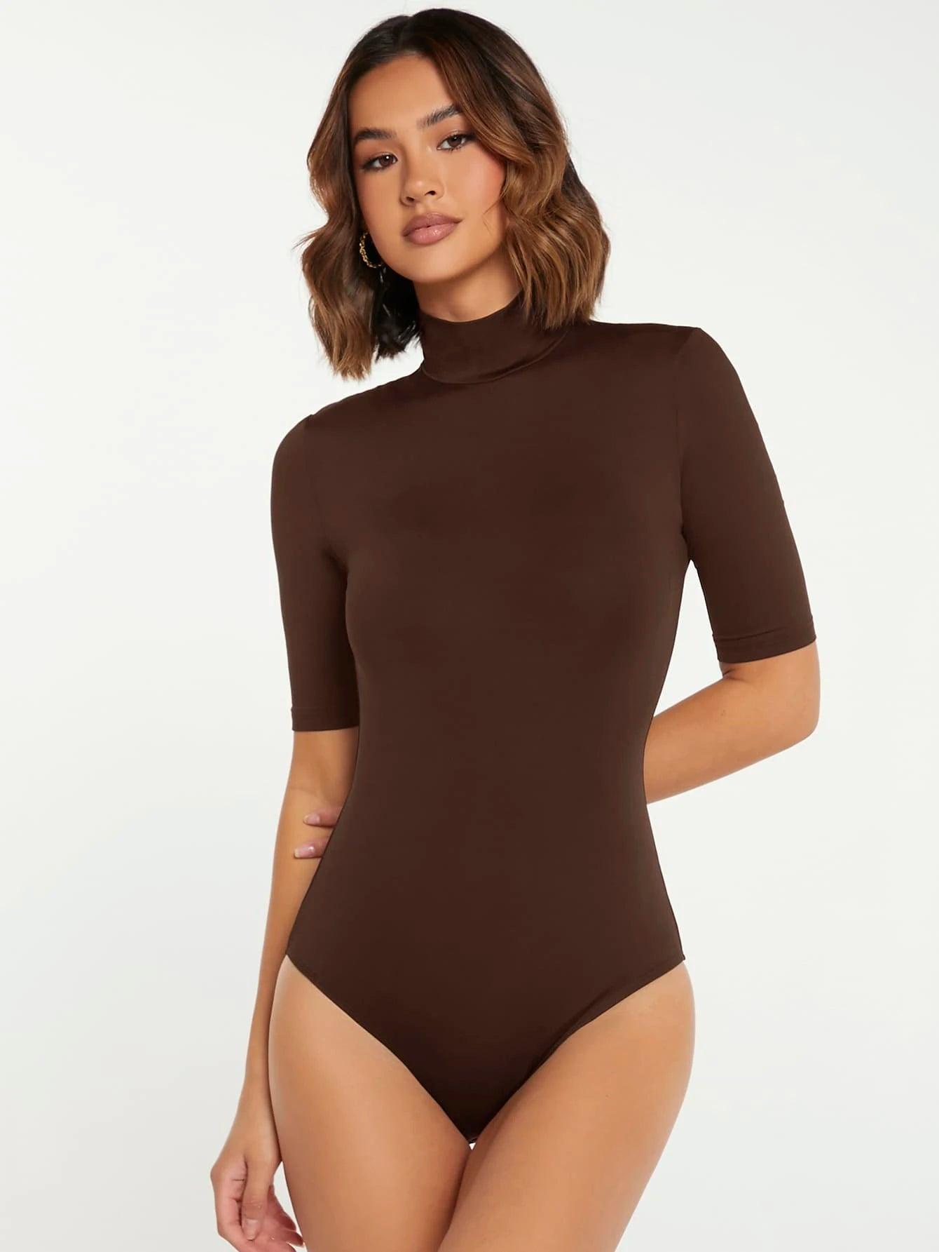 Casual Mock Neck Bodysuit-Comfy Jumpsuits