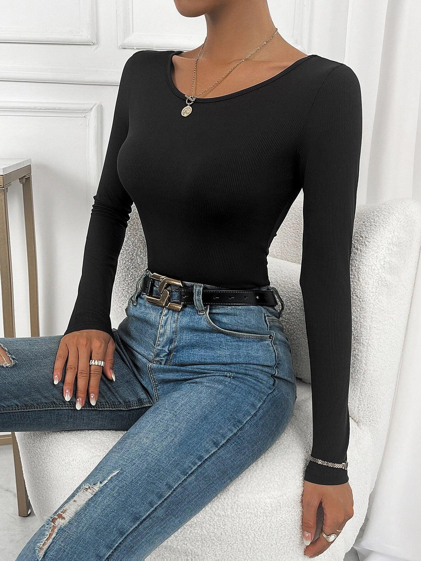 Lace Up Back Rib-knit Bodysuit-Comfy Jumpsuits
