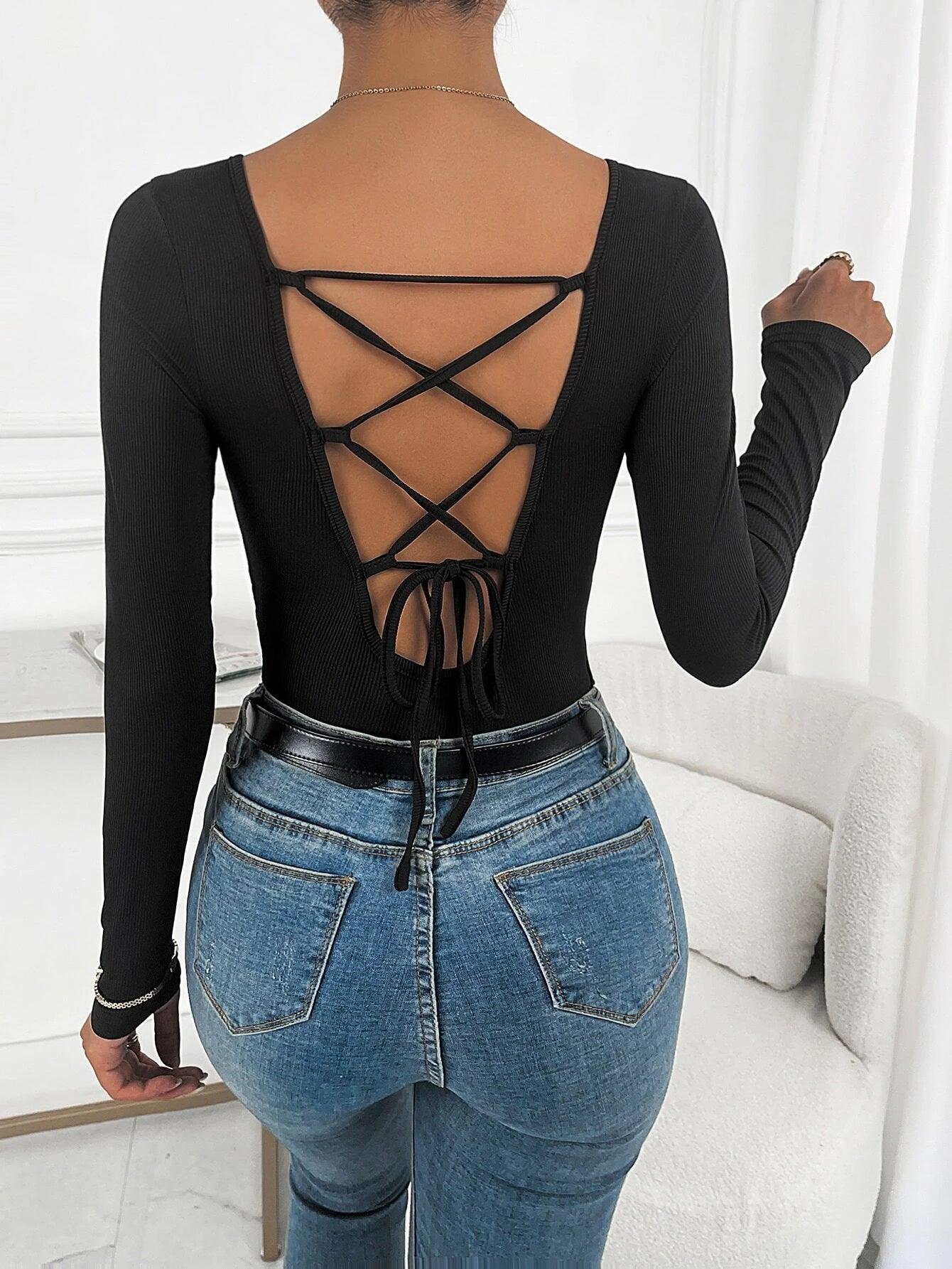Lace Up Back Rib-knit Bodysuit-Comfy Jumpsuits