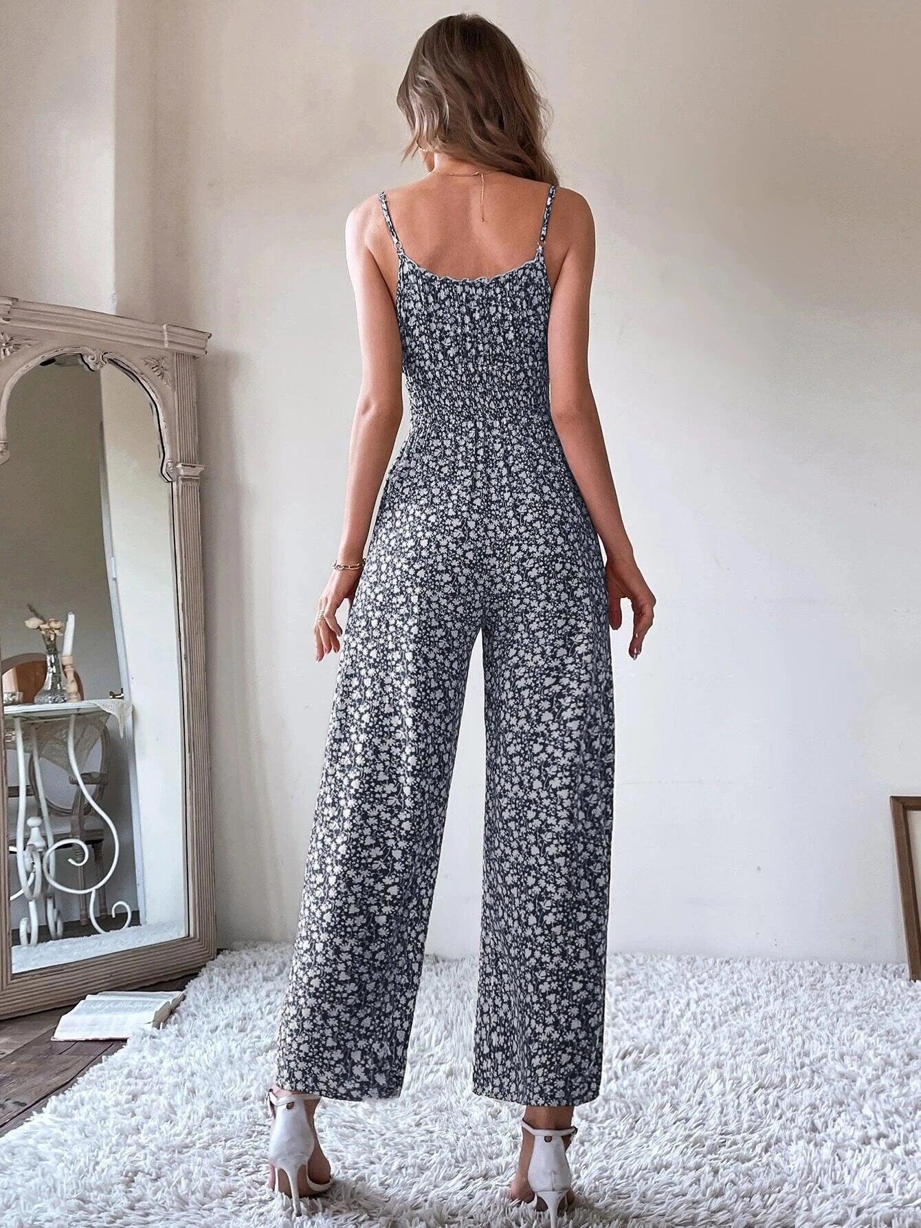 Ditsy Floral Tie Front Shirred Waist Cami Jumpsuit-Comfy Jumpsuits