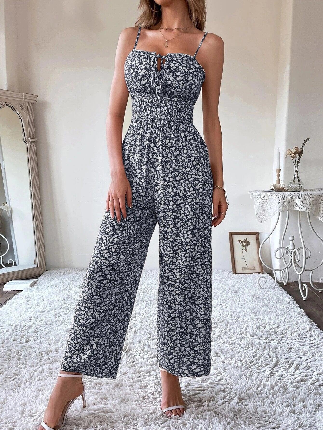 Ditsy Floral Tie Front Shirred Waist Cami Jumpsuit-Comfy Jumpsuits