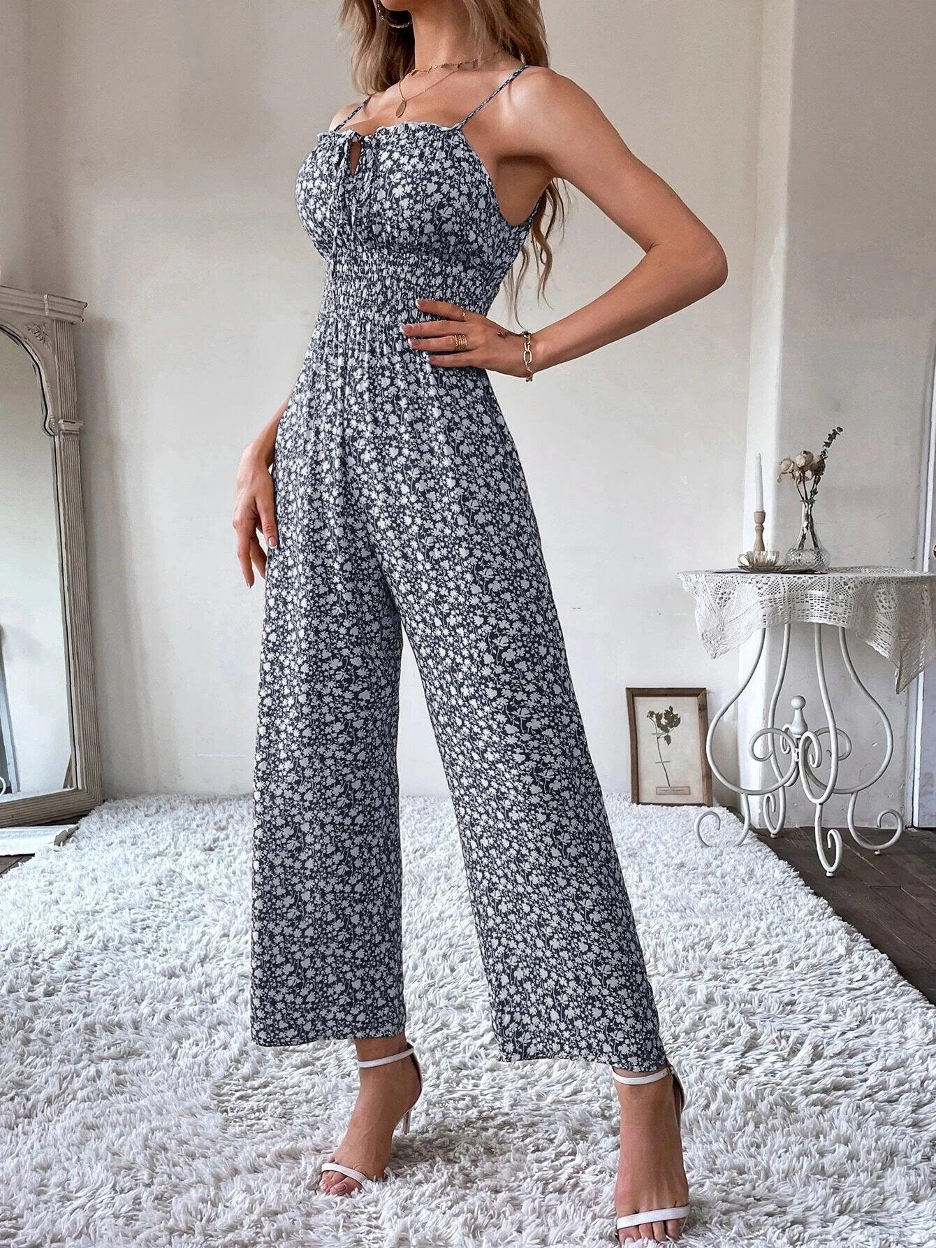 Ditsy Floral Tie Front Shirred Waist Cami Jumpsuit-Comfy Jumpsuits