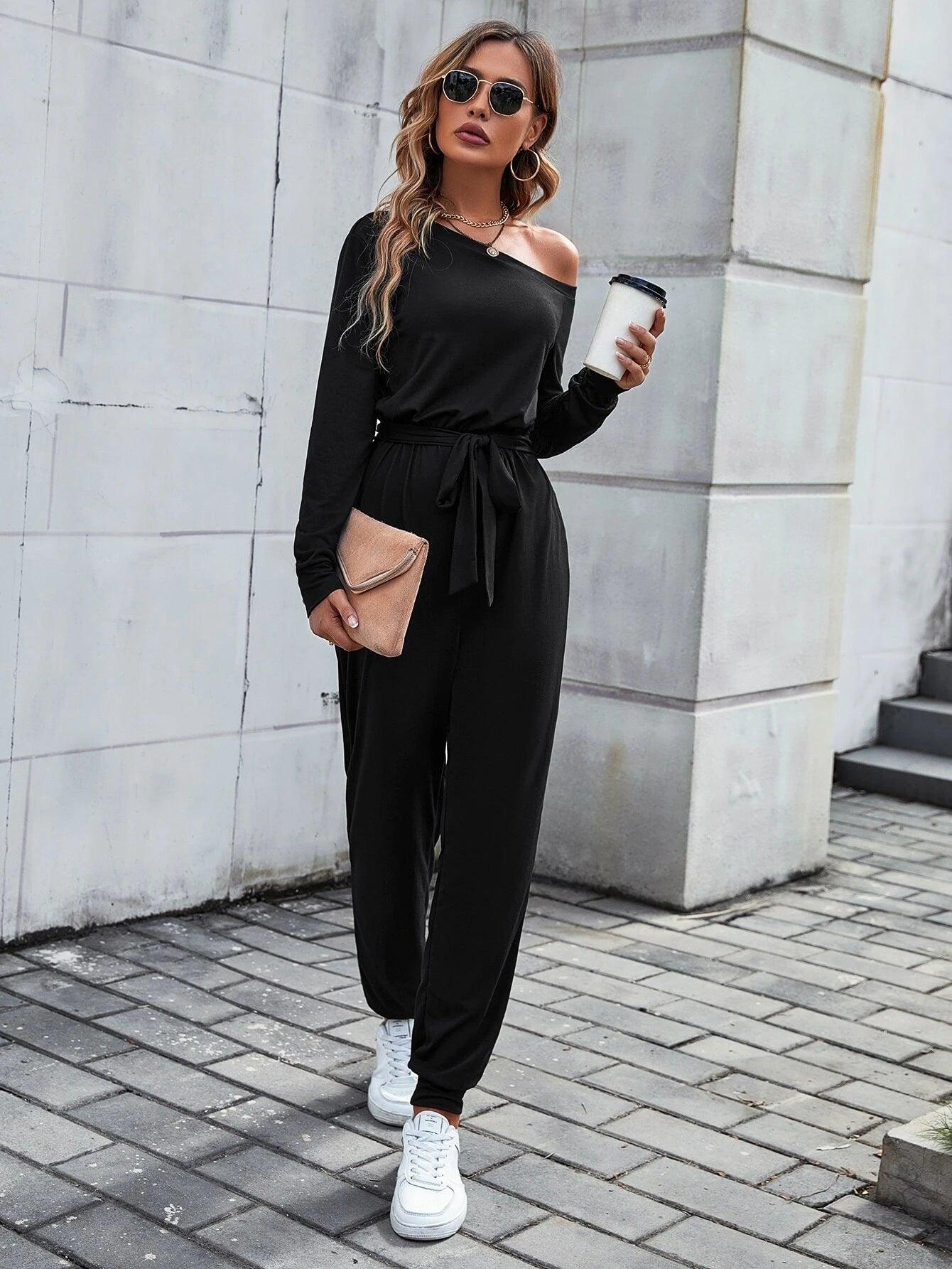 Solid Coloured Asymmetrical Neck Belted Jumpsuit-Comfy Jumpsuits