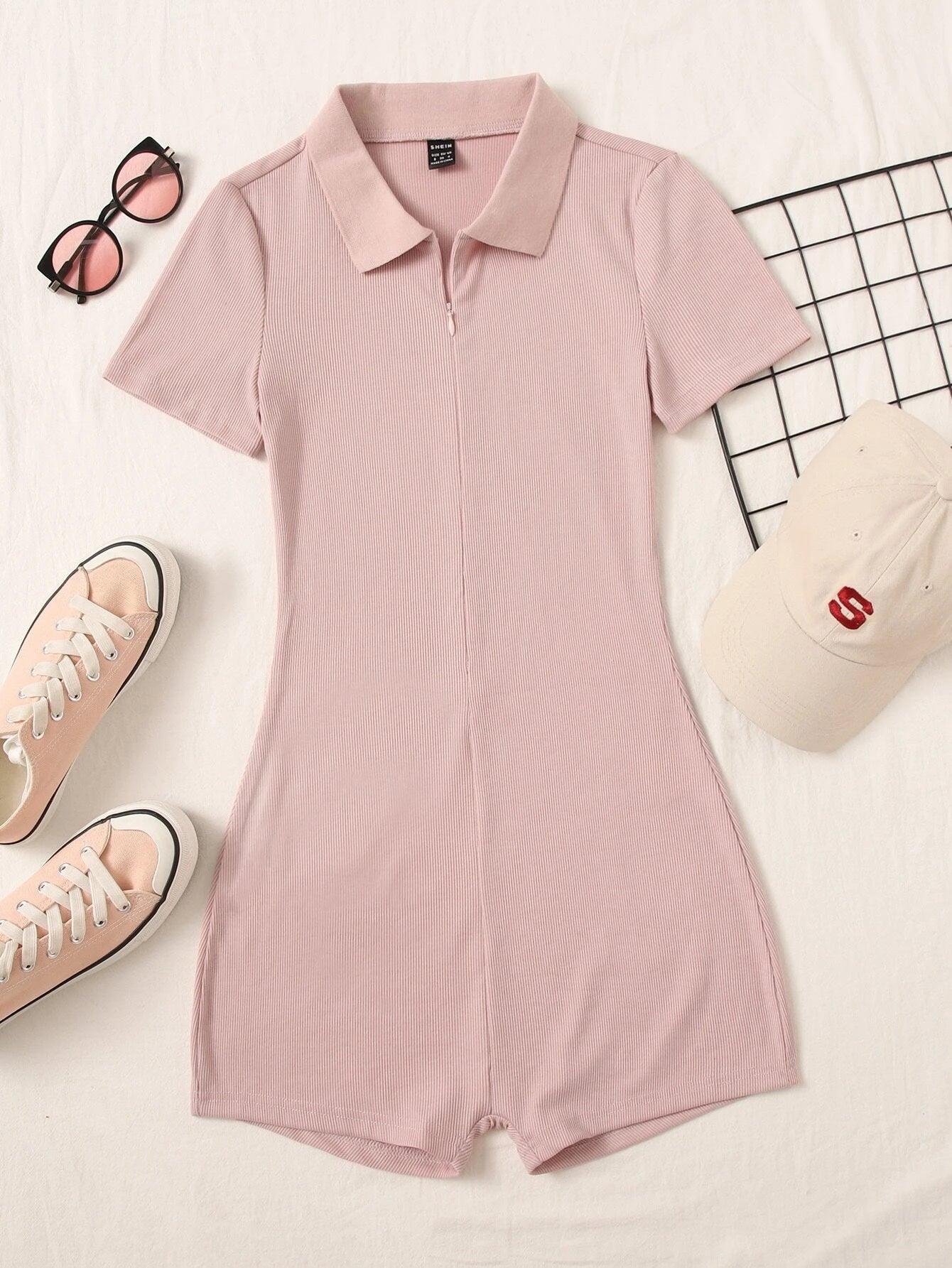 Half Zipper Placket Solid Romper-Comfy Jumpsuits