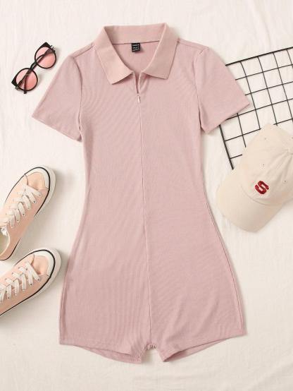 Half Zipper Placket Solid Romper-Comfy Jumpsuits