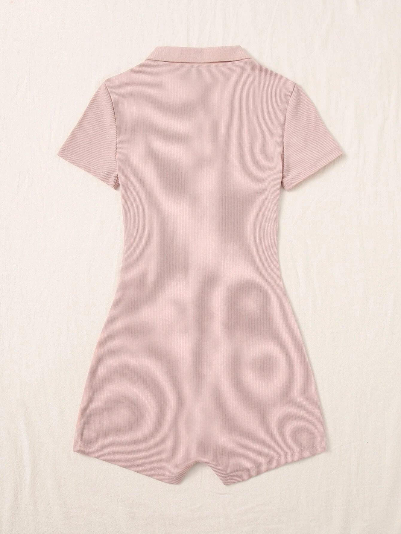 Half Zipper Placket Solid Romper-Comfy Jumpsuits