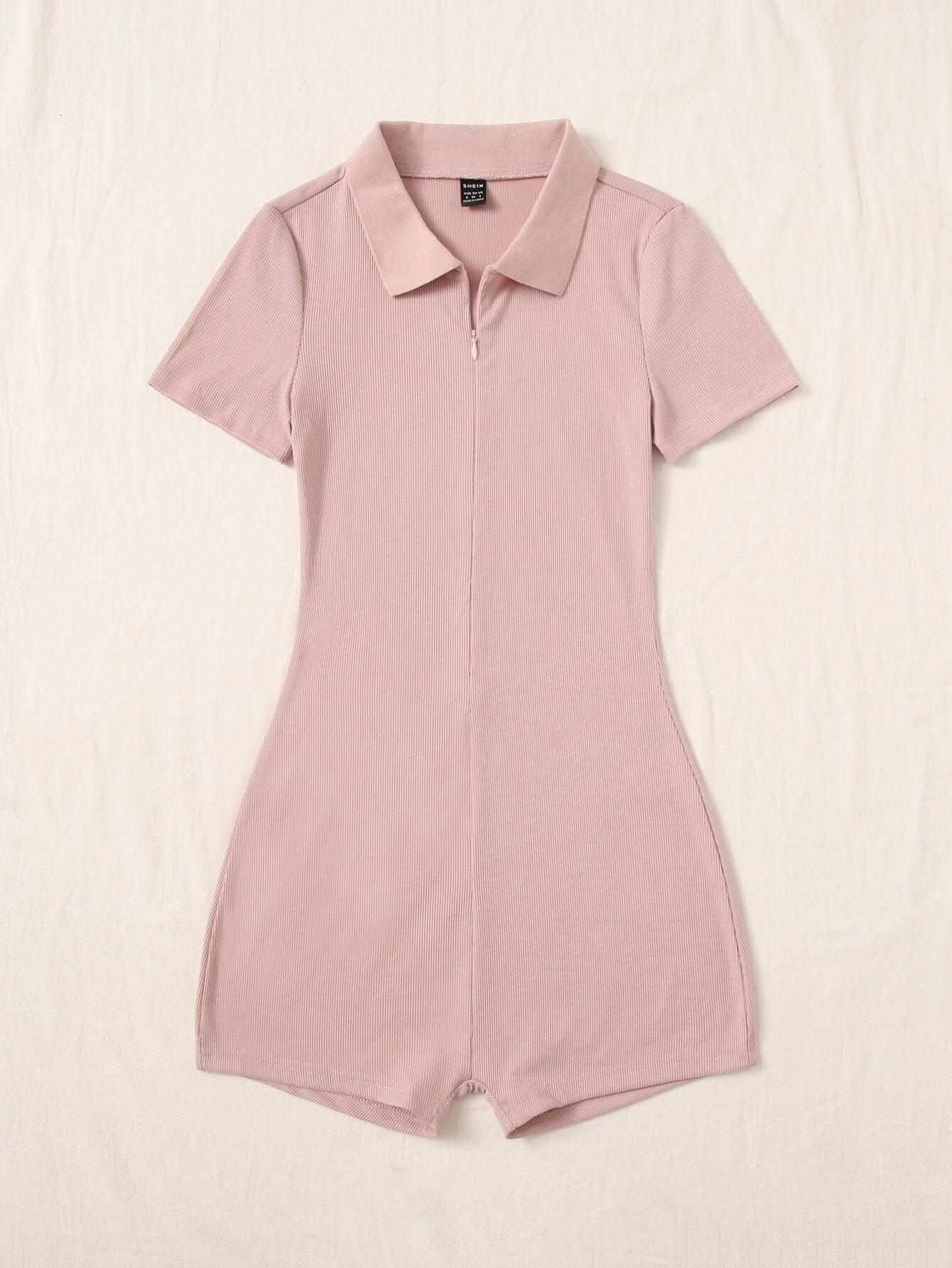Half Zipper Placket Solid Romper-Comfy Jumpsuits