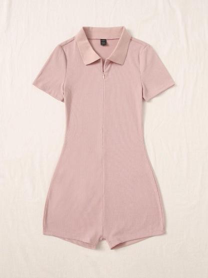 Half Zipper Placket Solid Romper-Comfy Jumpsuits